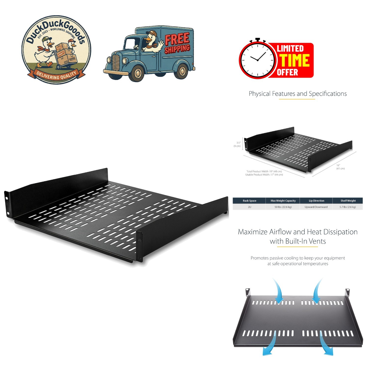 2U Vented Server Rack Shelf - Heavy-Duty 16 Inch Cantilever Tray - 50lb Capacity
