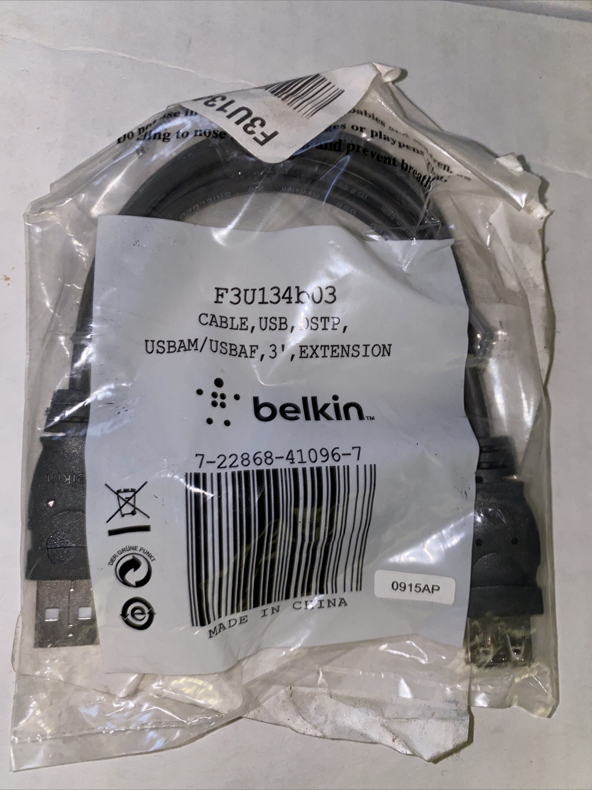 Belkin F3U134B03 3' ft feet Male USB to Female USB Data Extension Cable M-F NEW
