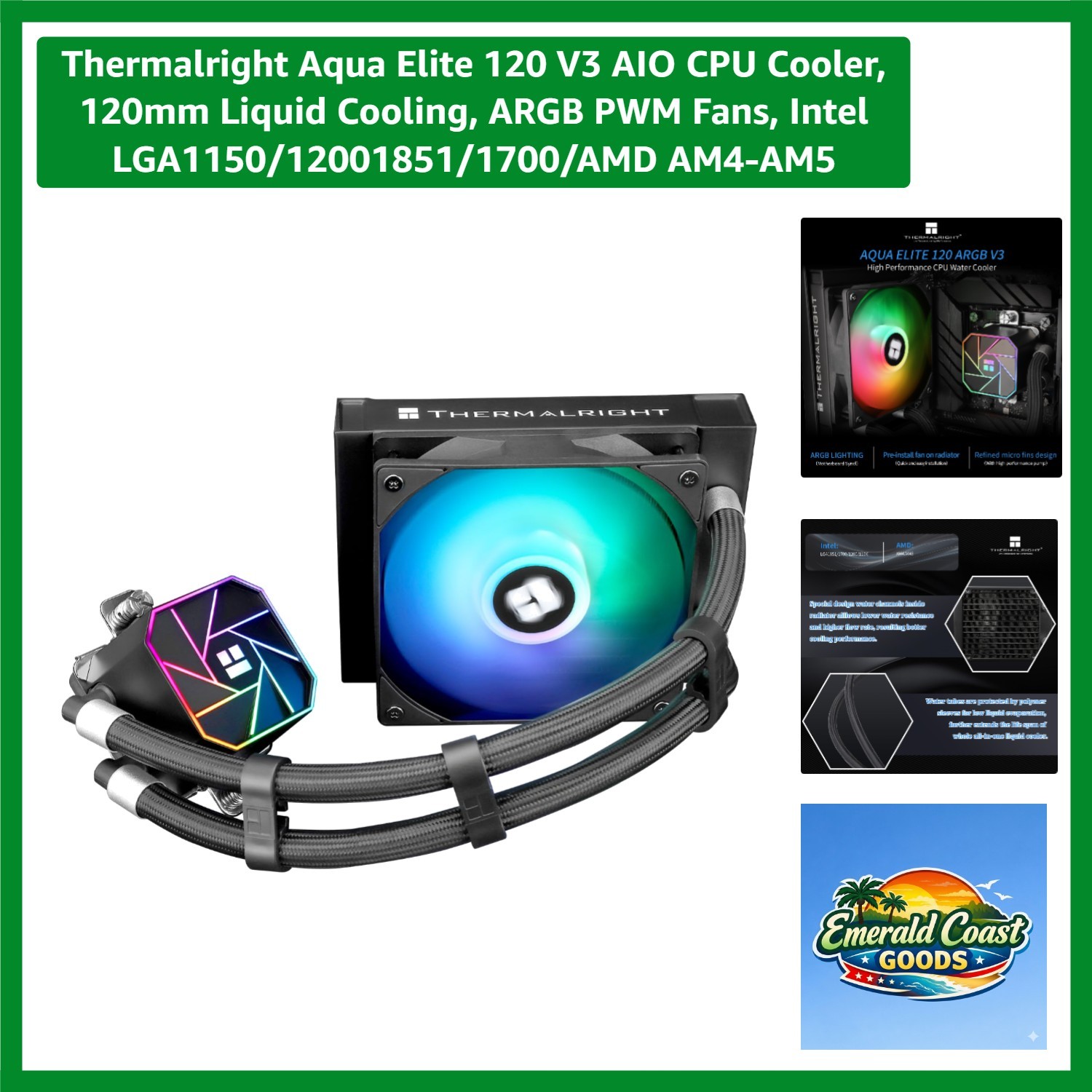 Aqua Elite 120 V3 AIO CPU Cooler, 120mm Liquid Cooling, ARGB PWM Fans, Intel ...