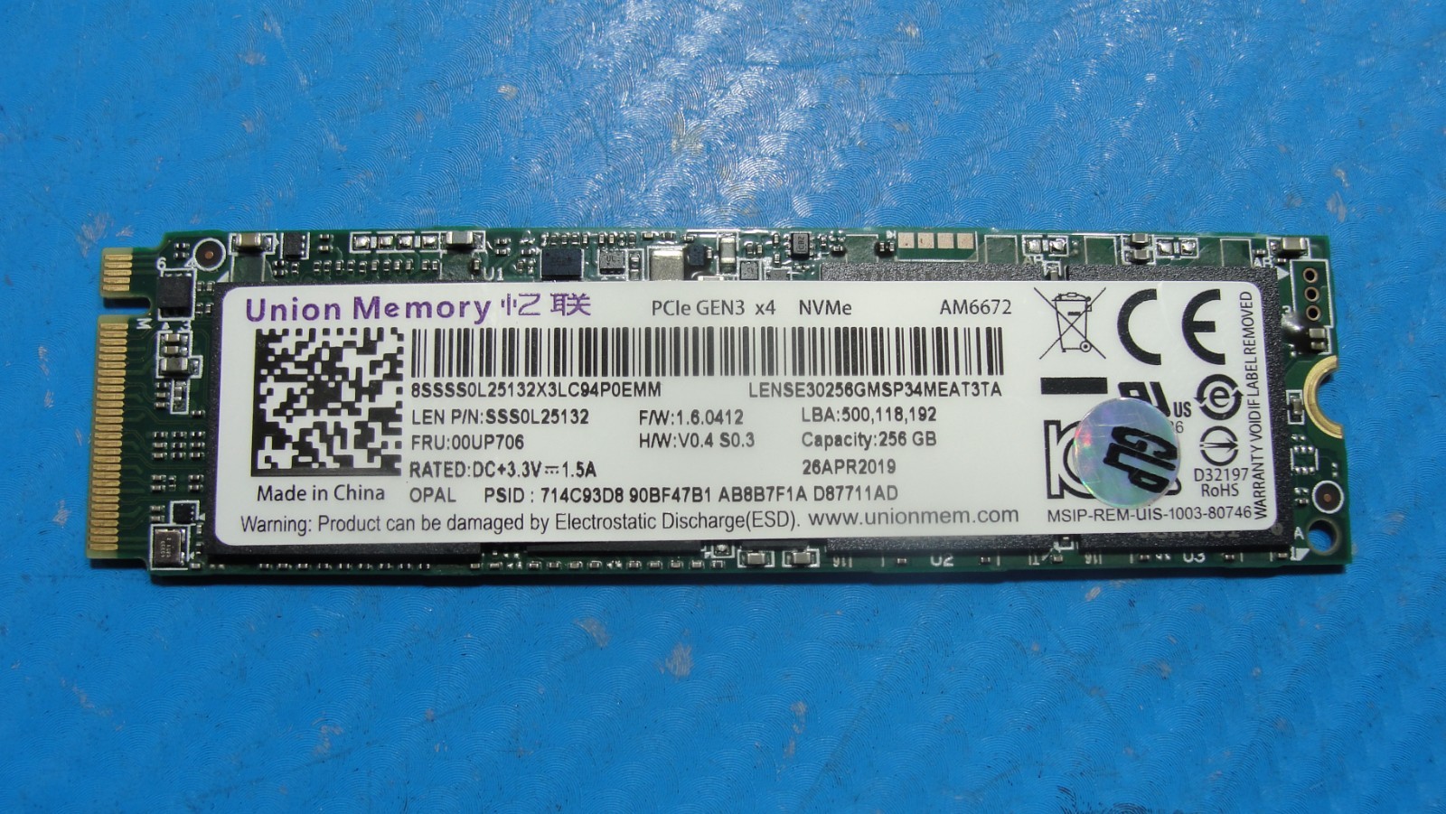 Lenovo X1 Carbon 6th Gen Union Memory 256GB M.2 NVMe SSD 00UP706 SSS0L25132