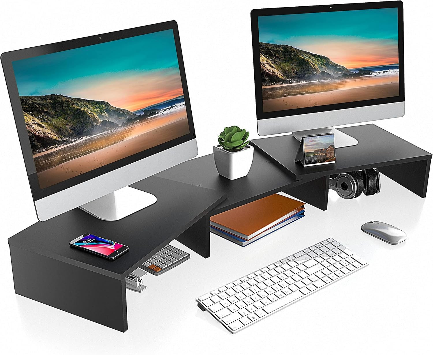 Dual Monitor Stand Riser, Adjustable Length and Angle, Black | Wooden 3-Shelf De