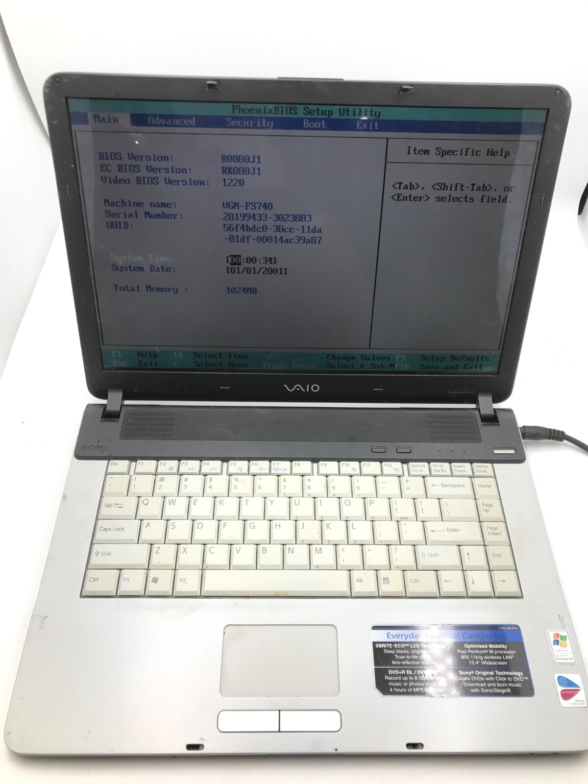 VINTAGE Sony VAIO VGN-FS740 15" Laptop Intel Pentium M 740 1Gb RAM-MZ