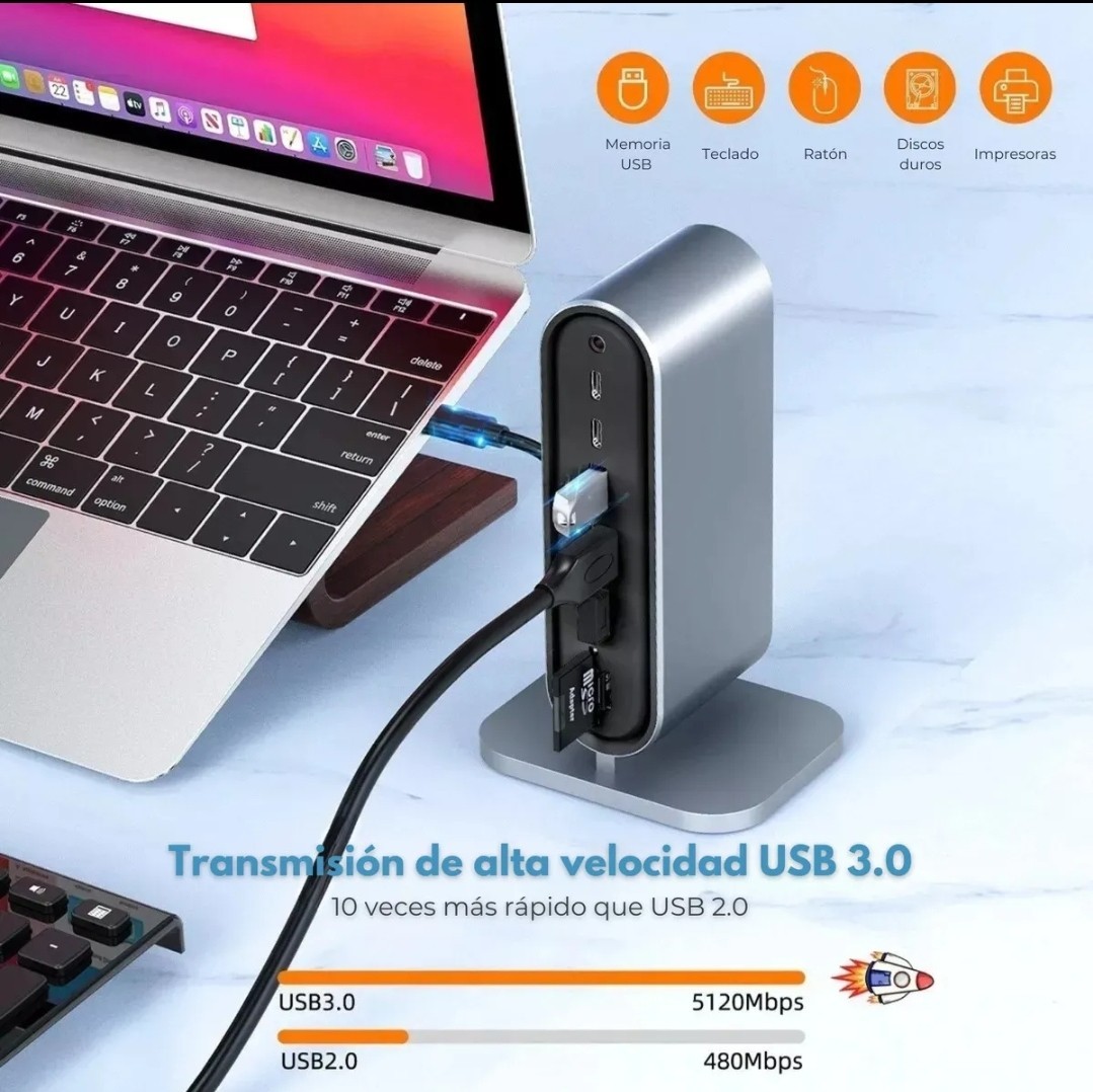 Mr. Gadgets Adaptador Hub Usb-c 12 En 1 Usb 3.0 Usb A, Vga, Ethernet, Jack 3.5mm