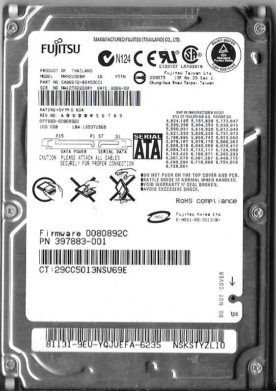 Fujitsu MHV2100BH 100GB Sata Hard Drive P/N: CA06672-B24500C1 F/W: 0080892C