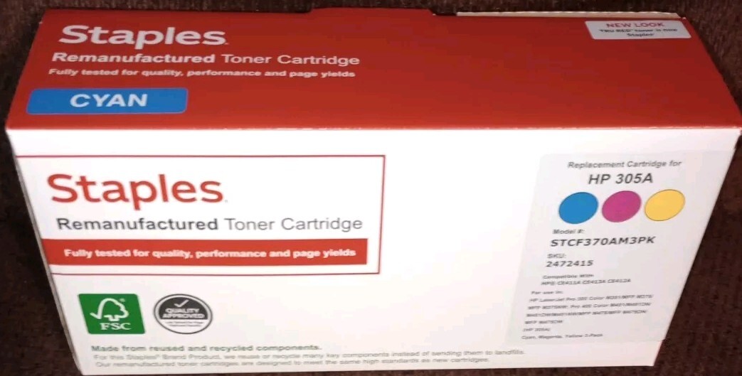 Staples  Toner Cartridge Replacement for HP 305A (Cyan) CE411A NEW UNSEALED 