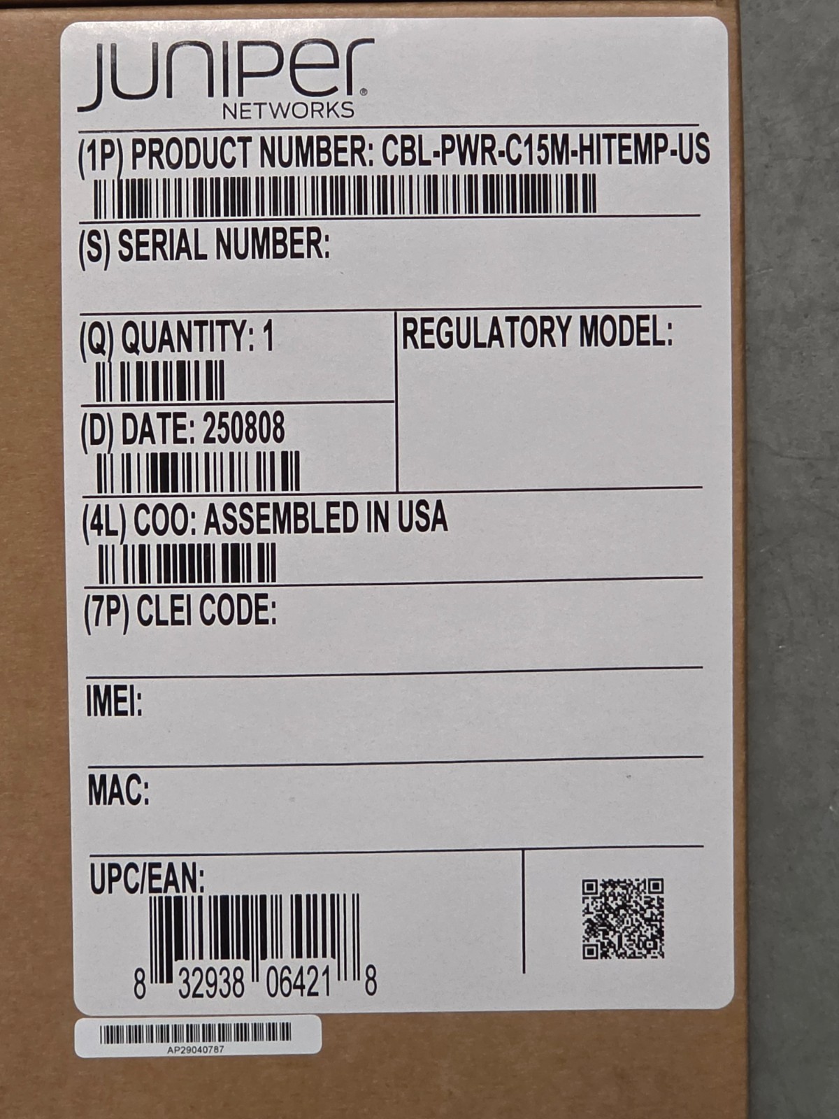 NEW OEM JUNIPER CBL-PWR-C15M-HITEMP-US POWER CABLE lot of 58