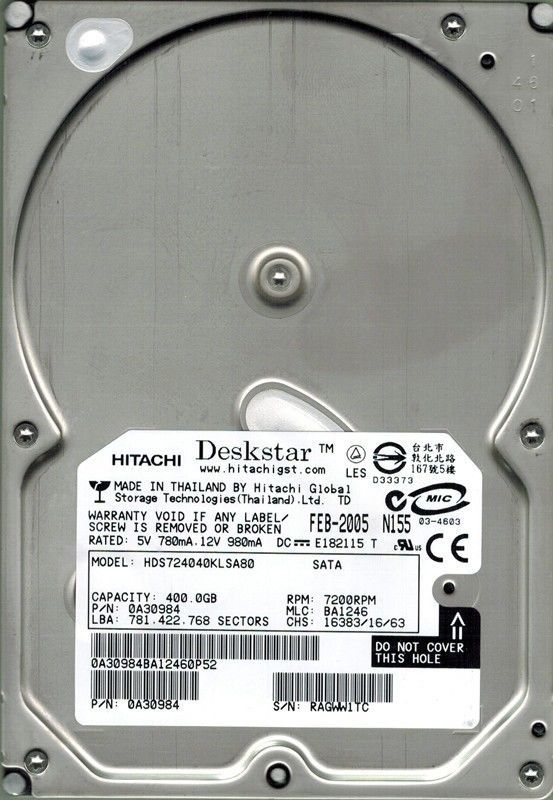 HITACHI HDS724040KLSA80 400GB P/N: 0A30984 MLC: BA1246