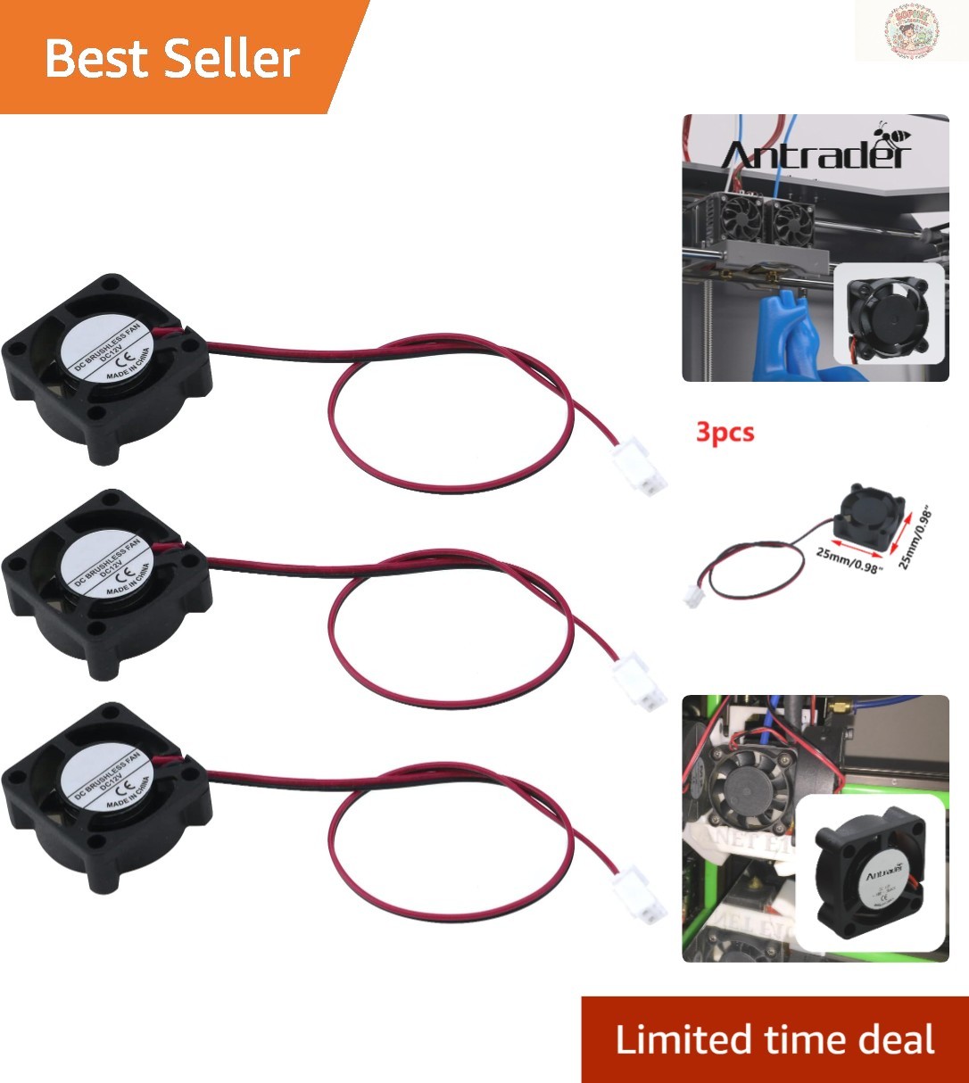 Pack of 3 Mini Brushless 12V Cooling Fans - 25x25x10mm, Low Noise Design