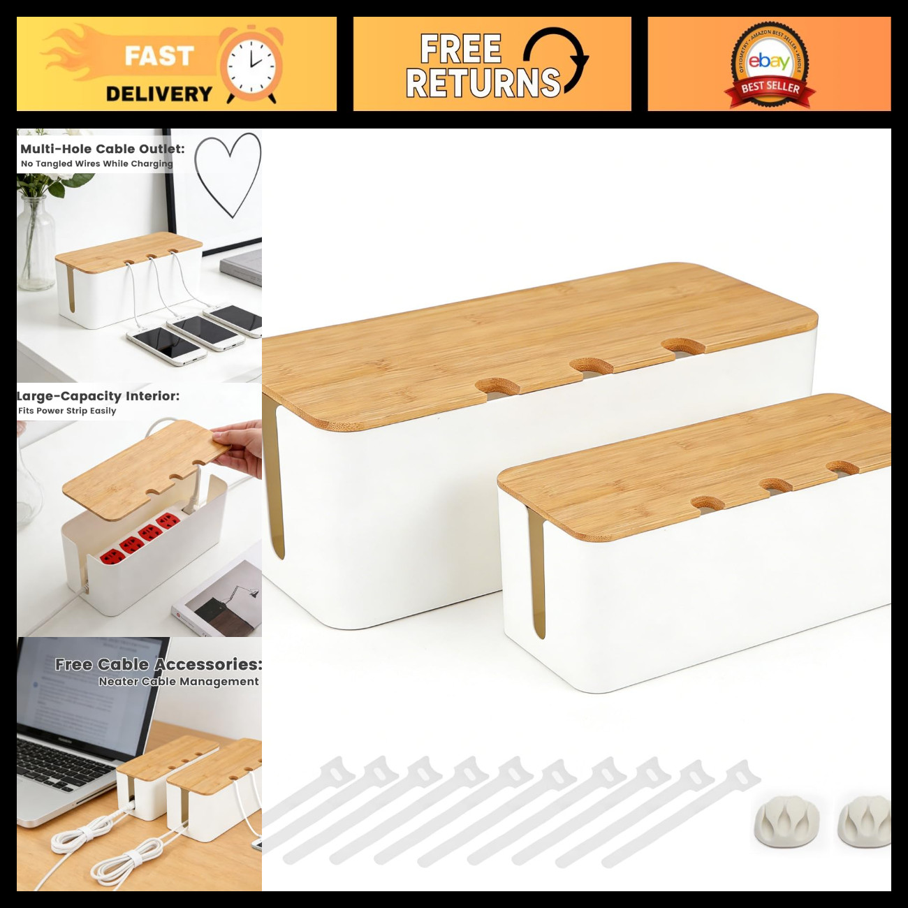 2-Pack Wooden Cable Management Box, Cord Organizer & Hideaway Storage Solution
