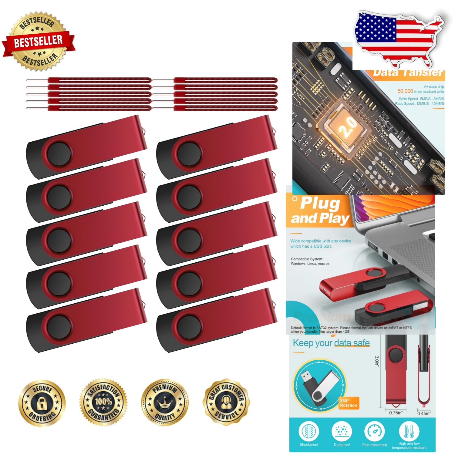 Bulk 32GB Thumb Drives 10 Ct, Durable Aluminum Swivel Cover