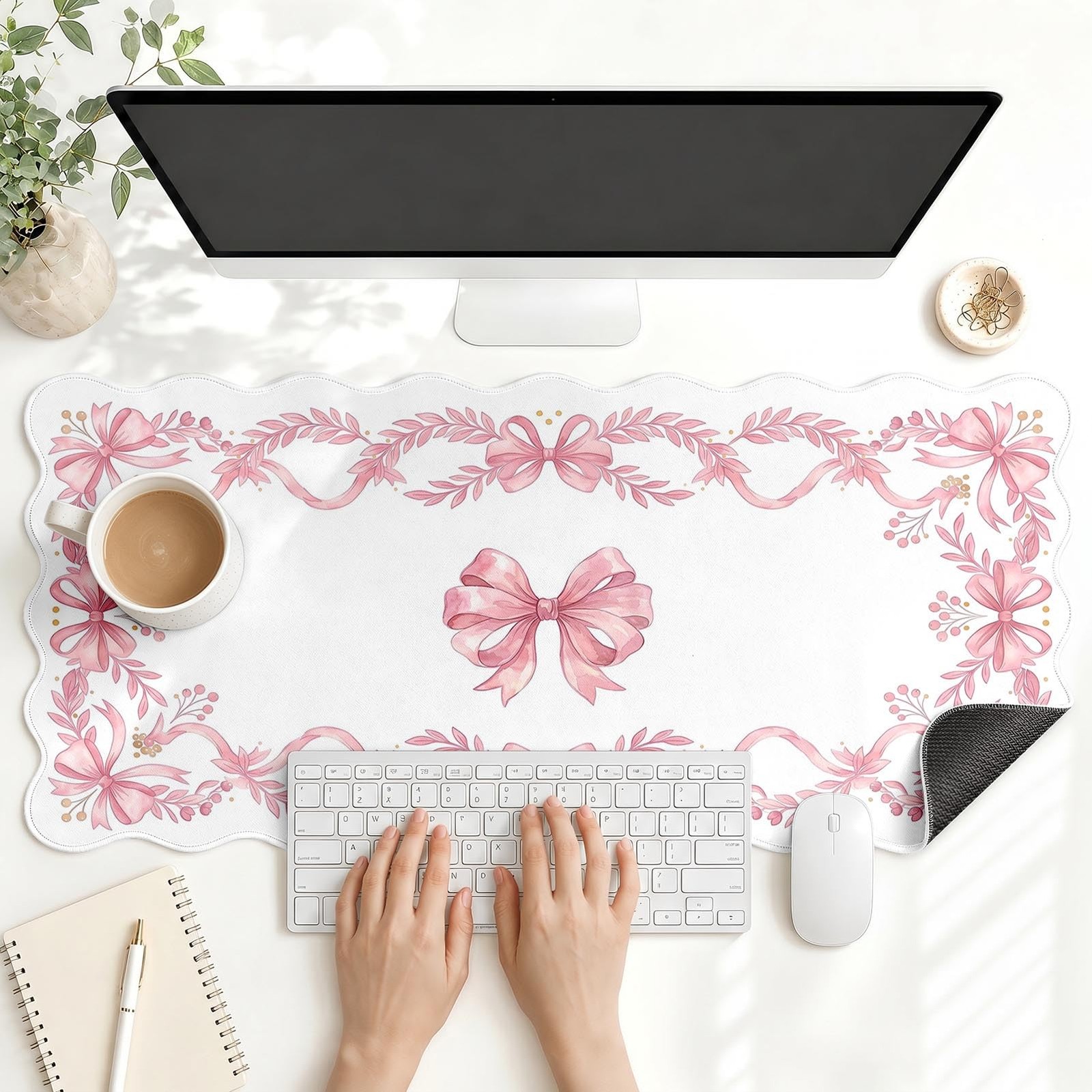Cosovia Scalloped Gaming Mouse Pad Desk Mat, Cute Bow Pink, 35.4"x15.7"
