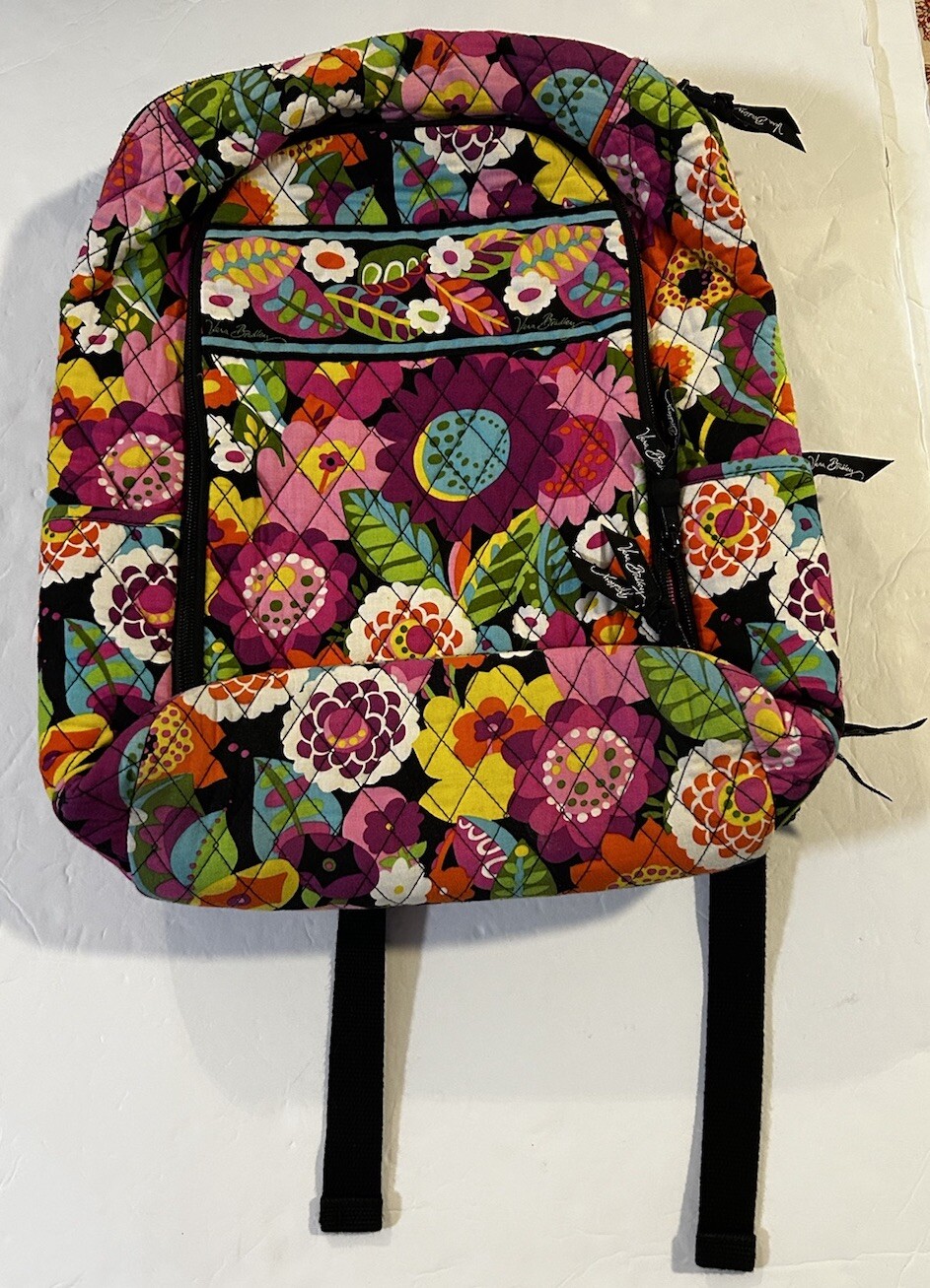 Vera Bradley Quilted Black Colorful Floral Large Backpack Bookbag Laptop Holder