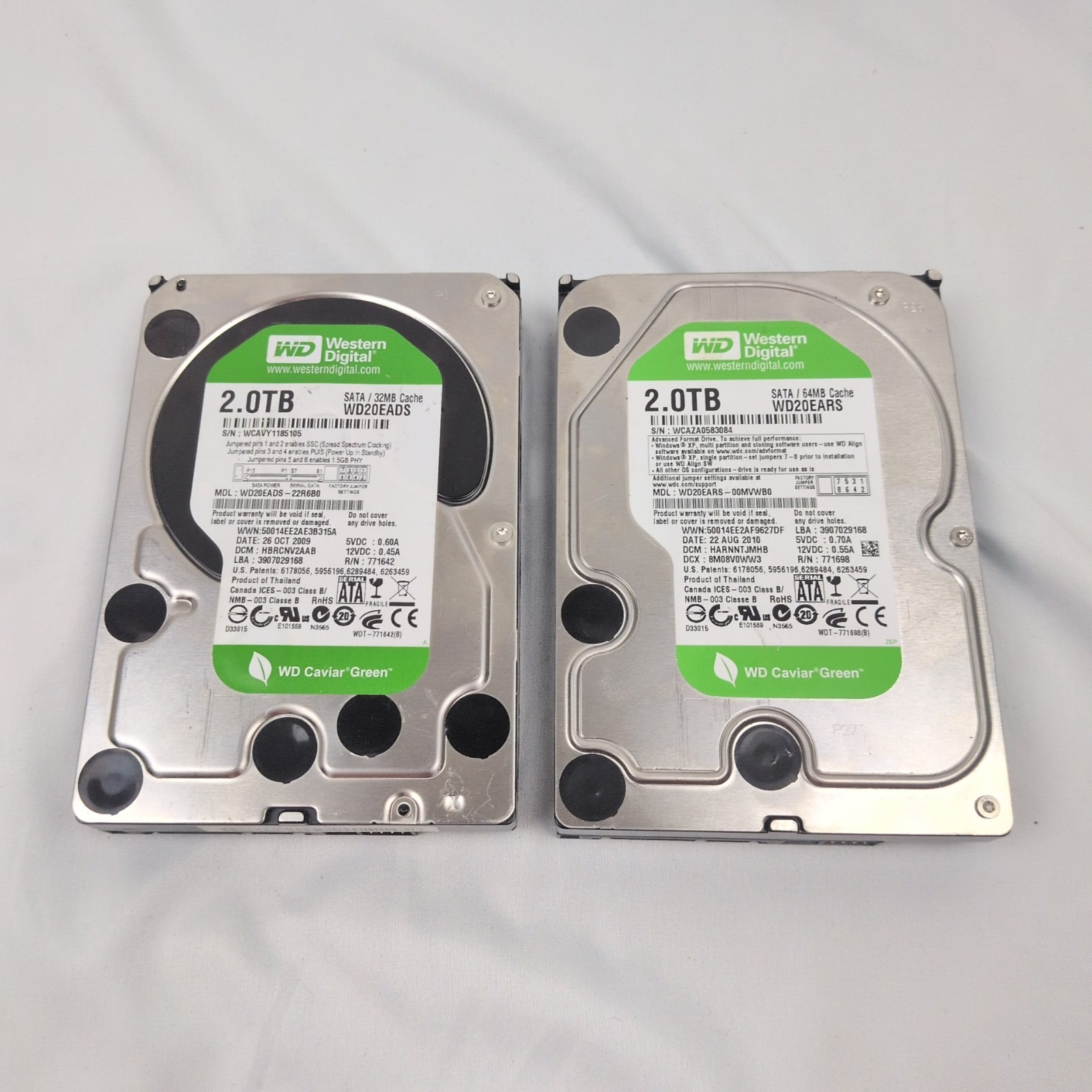 Lot of 2 WD Caviar Green 2TB 3.5" SATA Hard Drives WD20EADS WD20EARS tested