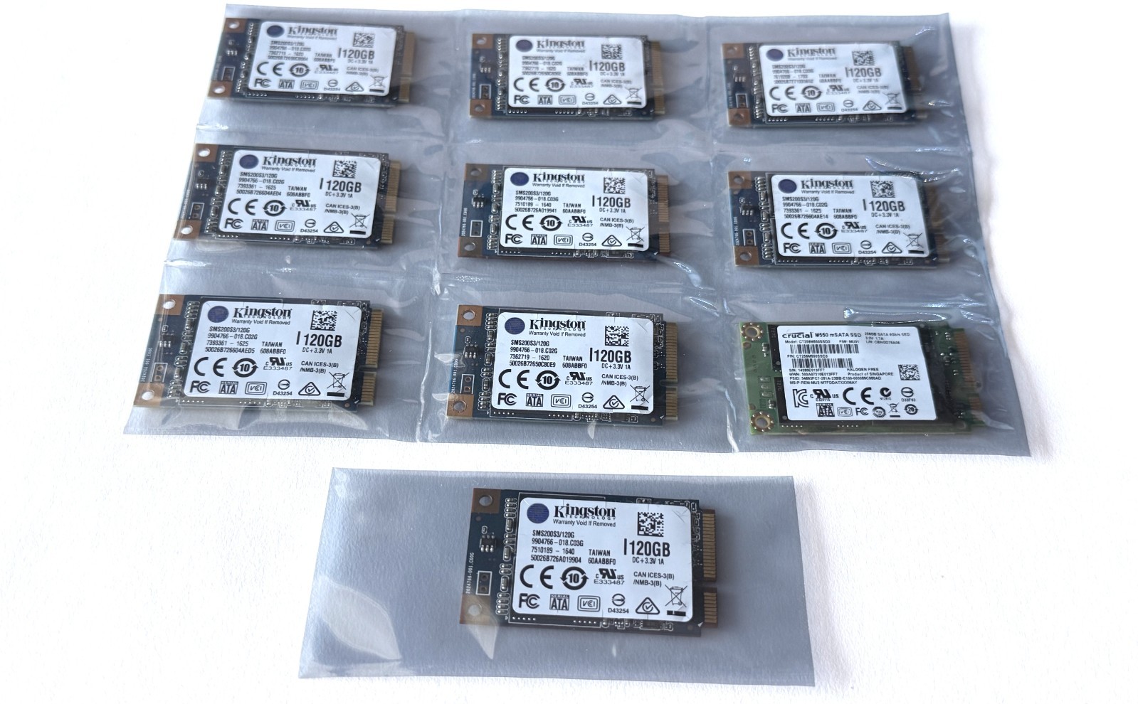 Lot of 9 Kingston mSATA SSD 120GB + 1 Crucial mSATA SSD 256GB wiped & Excellent