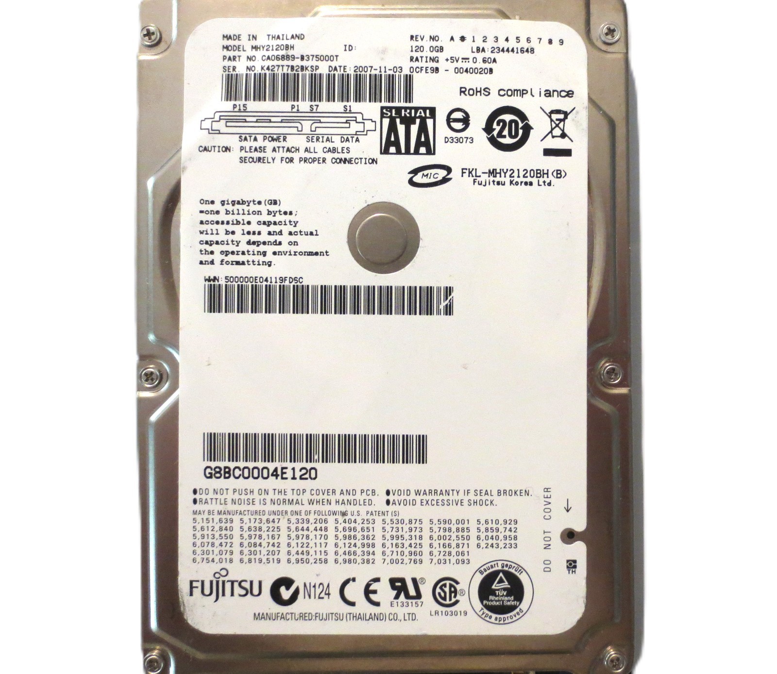 MHY2120BH CA06889-B375000T 0CFE9B-0040020B (K42) Thailand 120gb Sata 2007-11-03