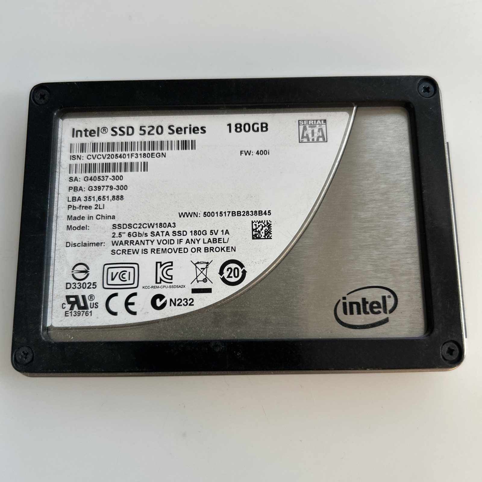Intel SSDSC2CW180A3 SSD 520 180GB 2.5" SATA  6Gbps SSD Hard Drive Untested abbs