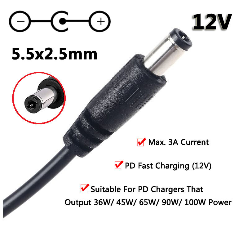 USB Type-C USB-C PD to 12V DC 5.5*2.5mm 5.5*2.1mm 5.5x2.5 Adapter Cable 3A Fa...