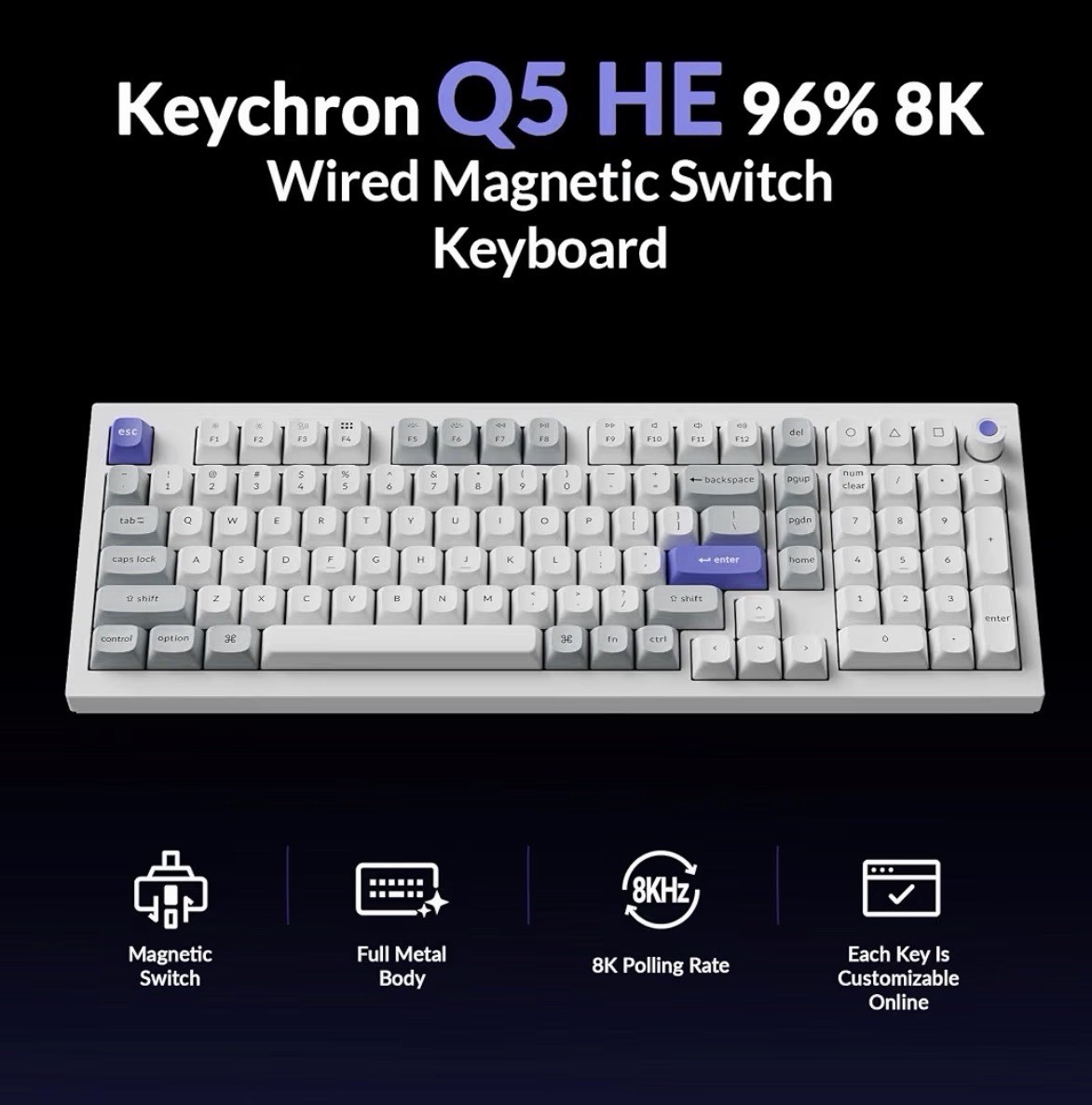 Keychron Q5 HE 96% 8K Wired Gaming Keyboard (White) Magnetic Lime Switch Hall