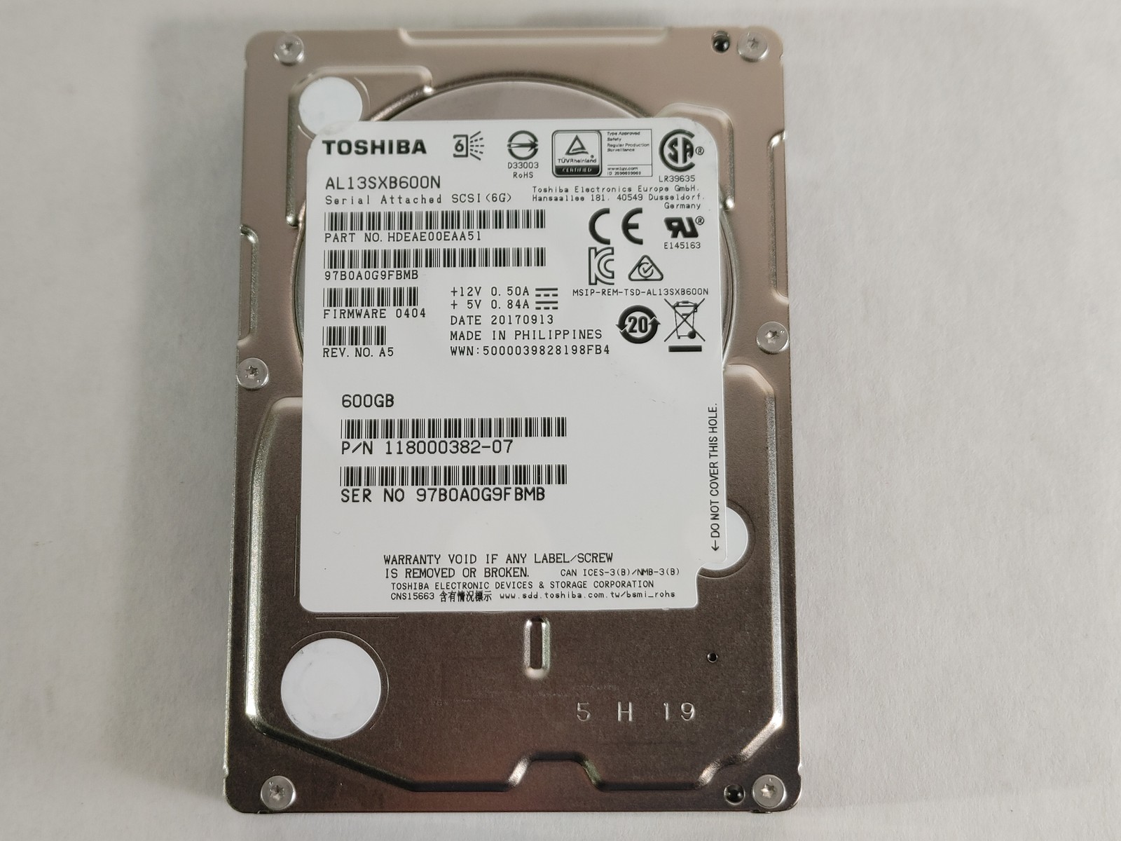 Lot of 5 Toshiba AL13SXB600N 600 GB SAS 2 2.5 in Enterprise Drive