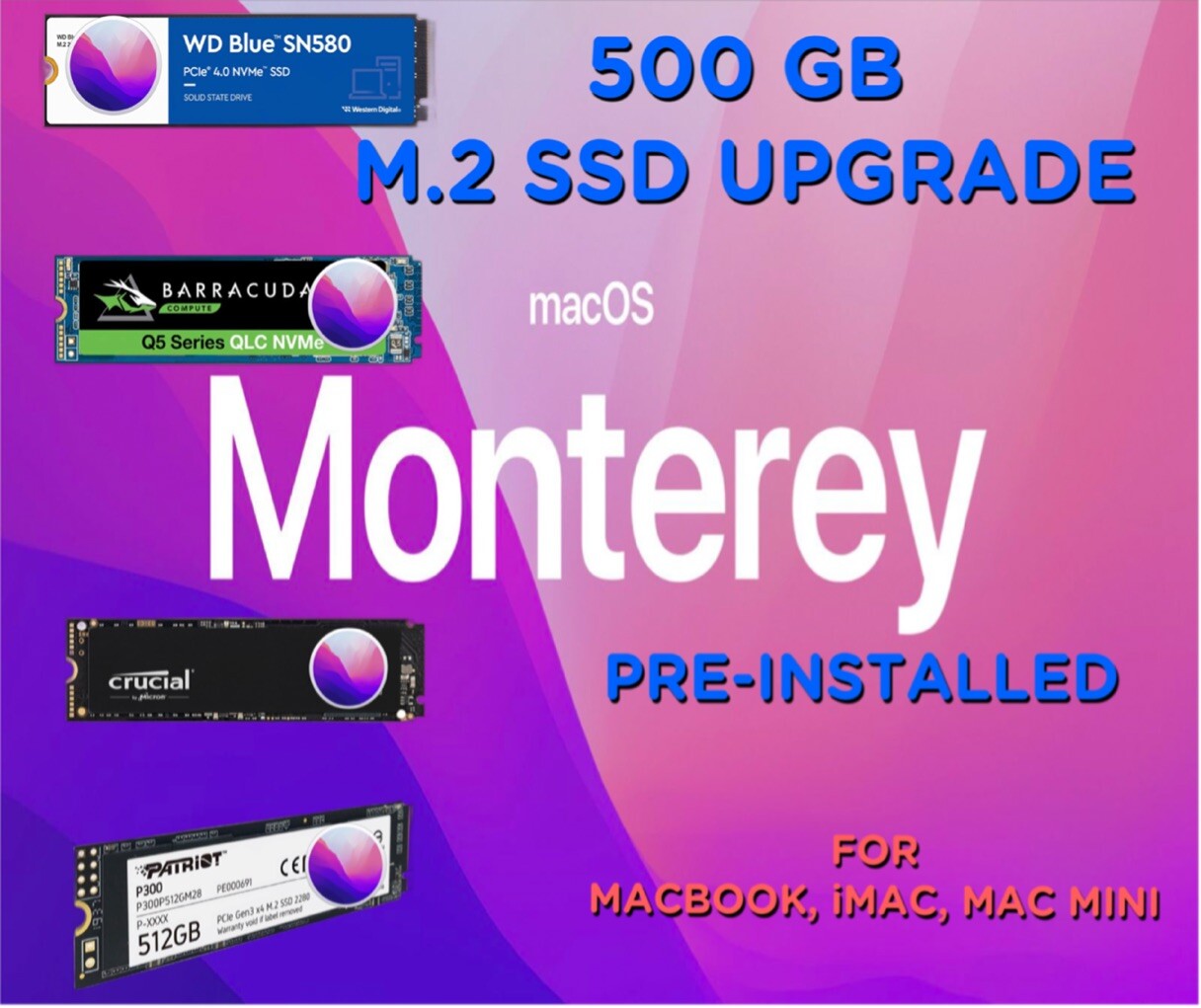 500GB M.2 SSD with macOS Monterey 12 Pre-Installed for MacBook, iMac, Mac Mini