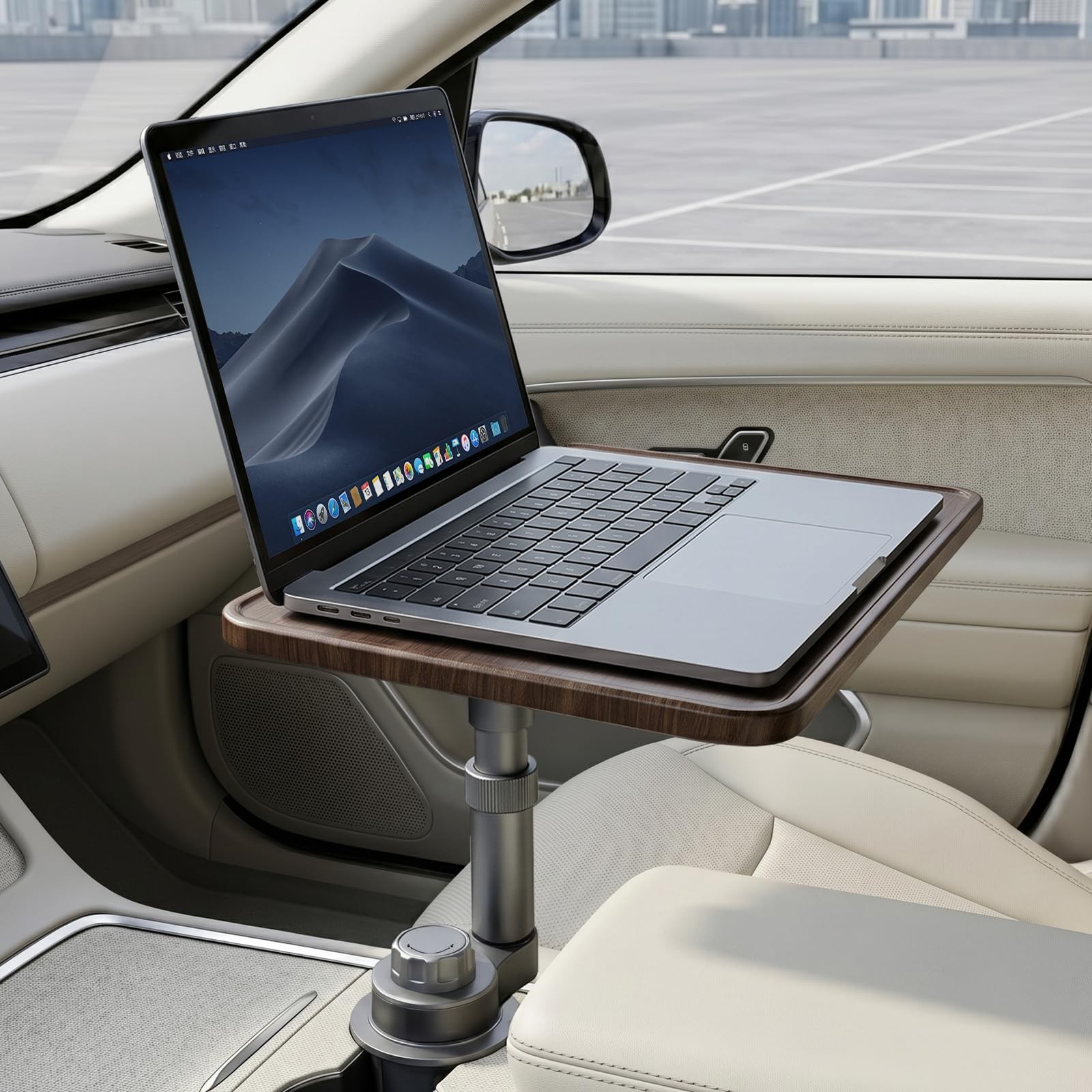 Solid Wood Car Desk for Laptop, Height-Adjustable, 360° Rotating