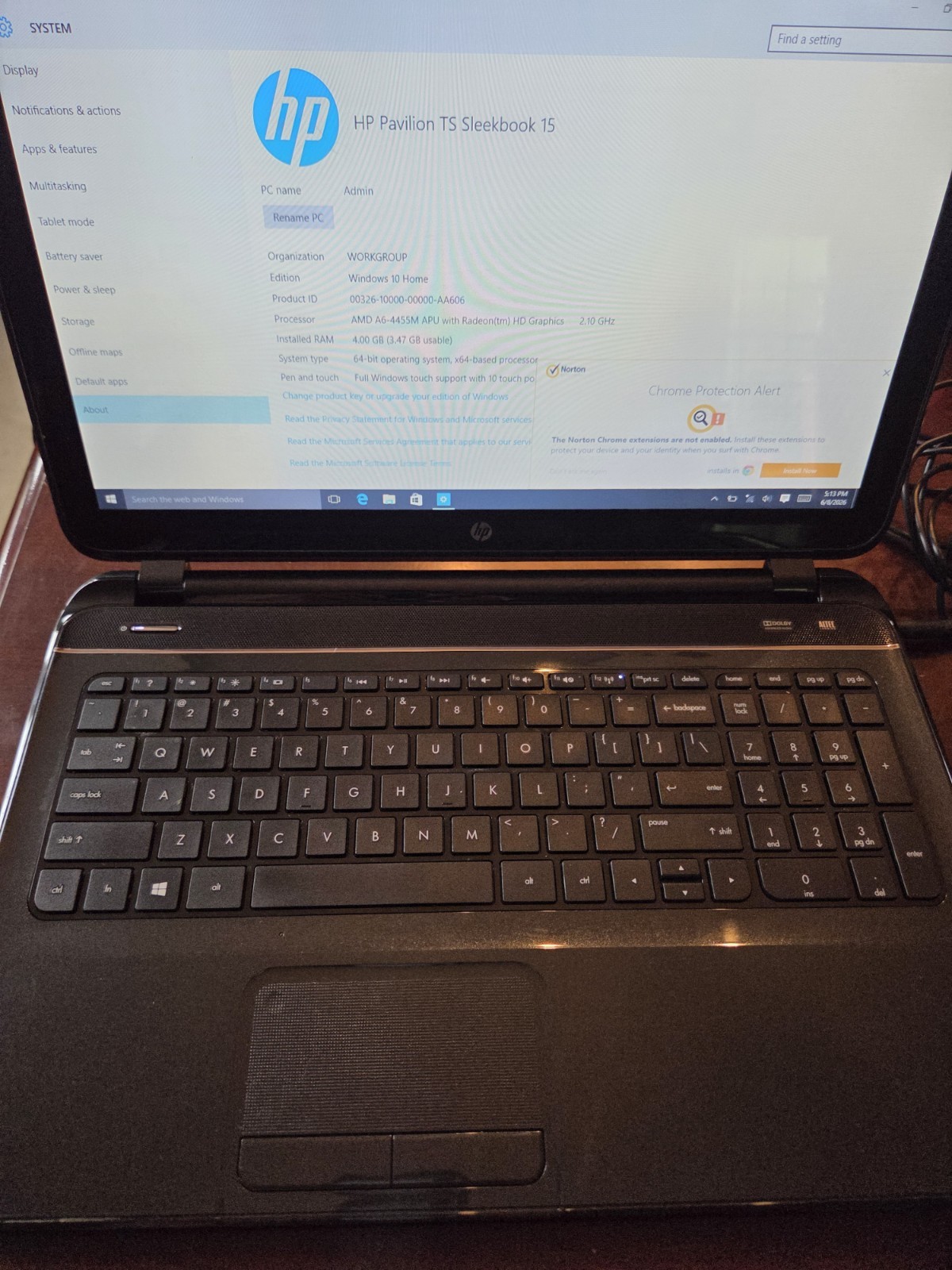 HP Pavilion Sleekbook 15.6 Screen 500GB HD 4GB RAM AMD A6 TOUCHSCREEN