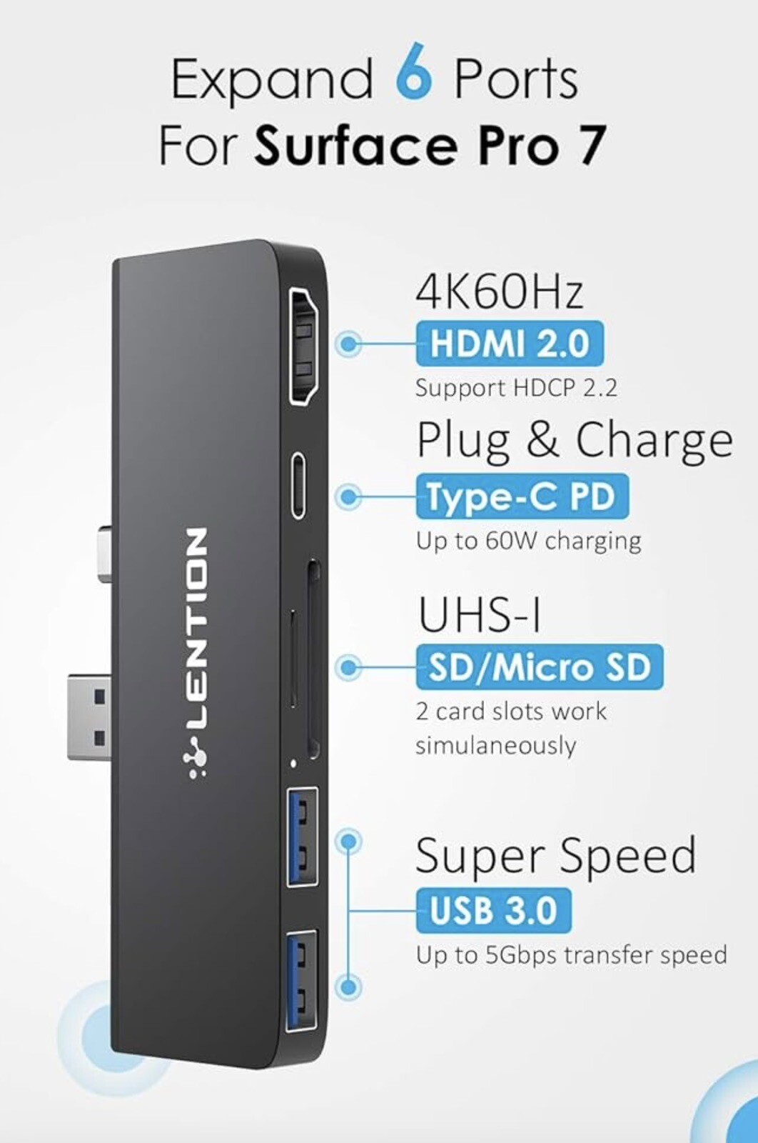 TWO Lention 6-in-1 USB-C Dock/hub Microsoft Surface Pro 7 HDMI USB 3.0 SD CS34