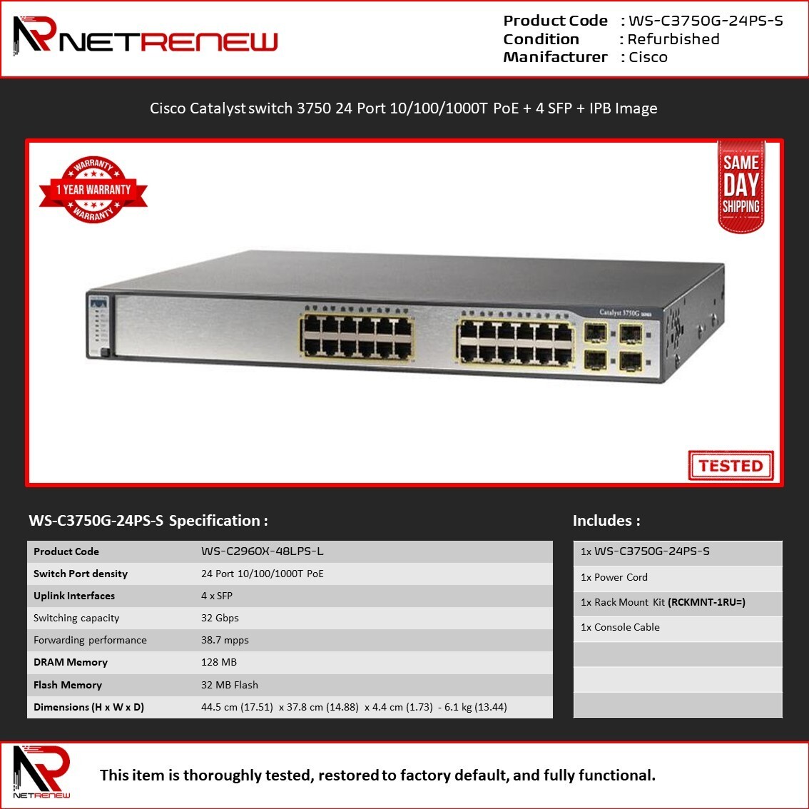 Cisco WS-C3750G-24PS-S 24 Port 10/100/1000 PoE Gigabit Switch