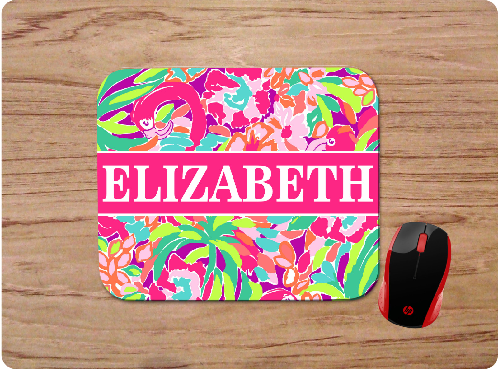 LILLY INSPIRED PRINT TROPICAL FLAMINGO PERSONALIZED  NAME MOUSE PAD HOME OFFICE
