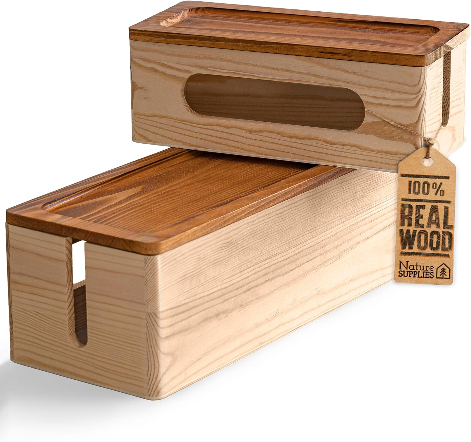 NATURE SUPPLIES Set of Two Natural Wood Cable Management Box, Large and Medium C