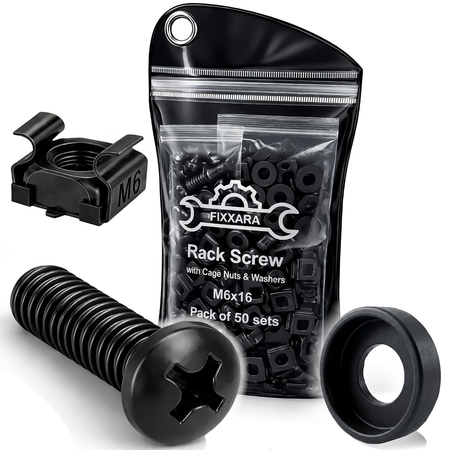 Rack Mount Screws M6x16 Steel Cage Nuts Nylon Washers Hardware for Racks 50-Pack