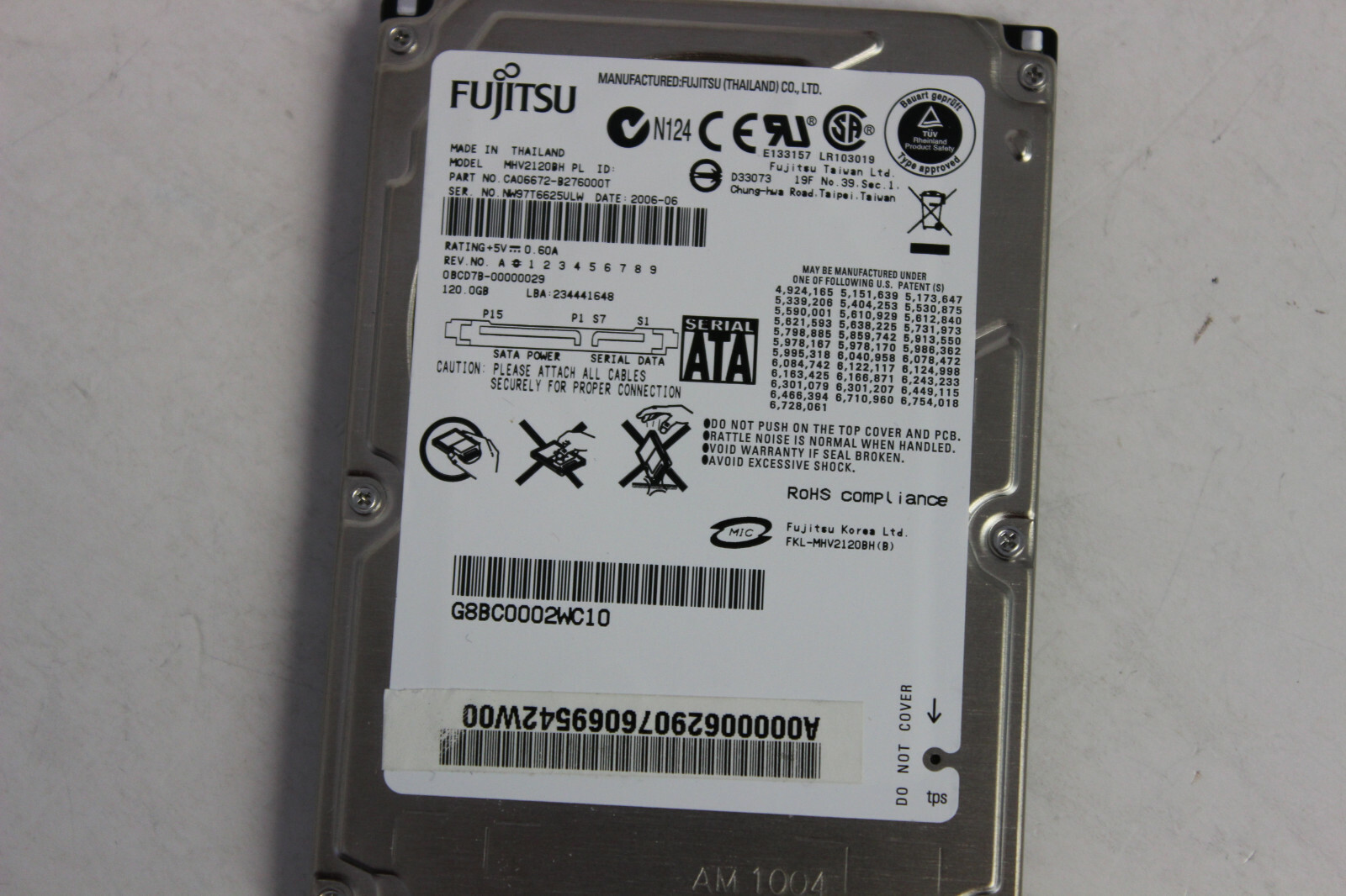 FUJITSU MHV2120BH PL 120GB SATA 2.5" HARD DRIVE TOSHIBA A000006290 W/WARRANTY