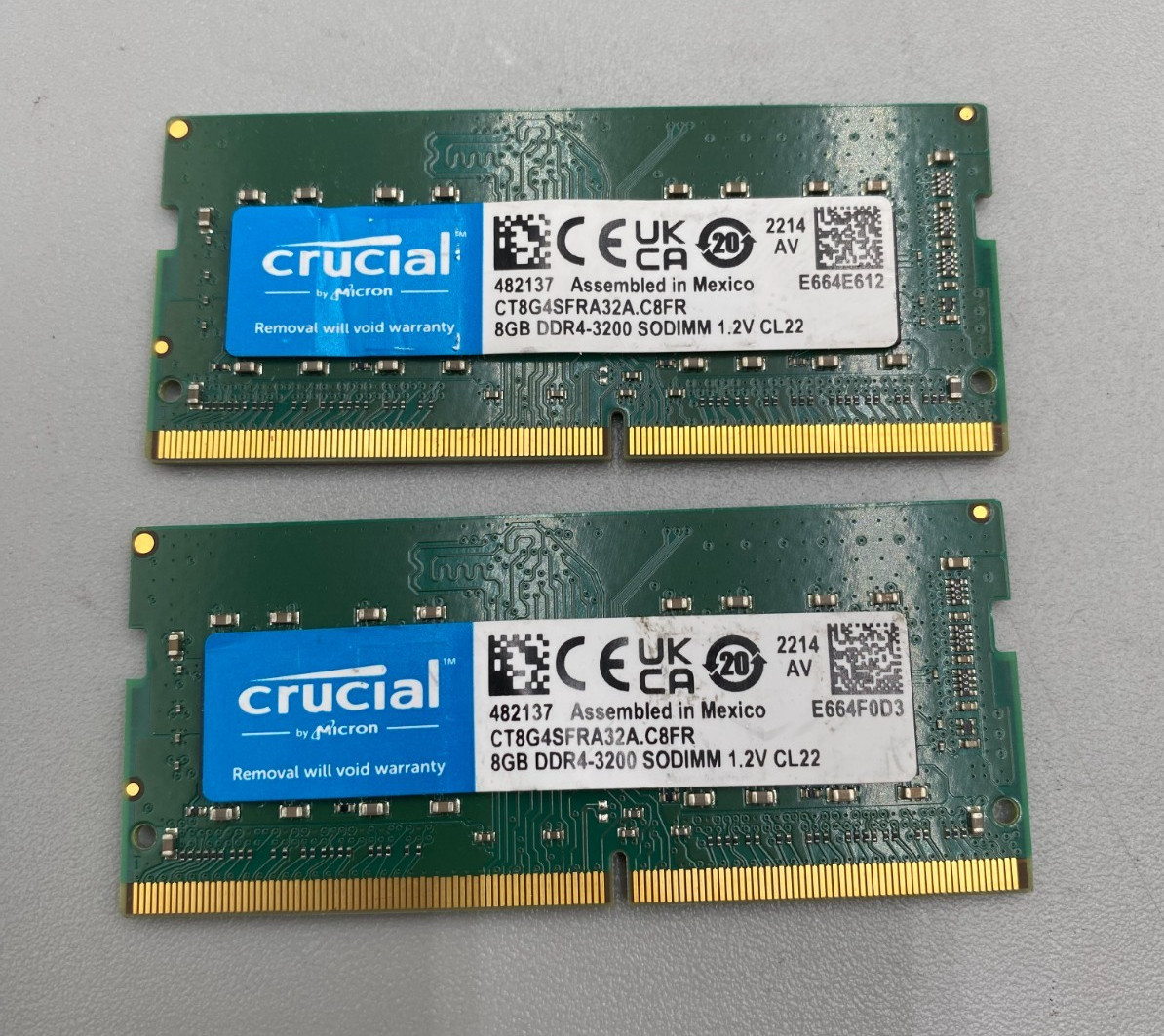 Lot Of 2 Crucial DDR4 8GB Each(2 x 8GB = 16GB)PC4 3200MHz RAM Memory Green B/SML