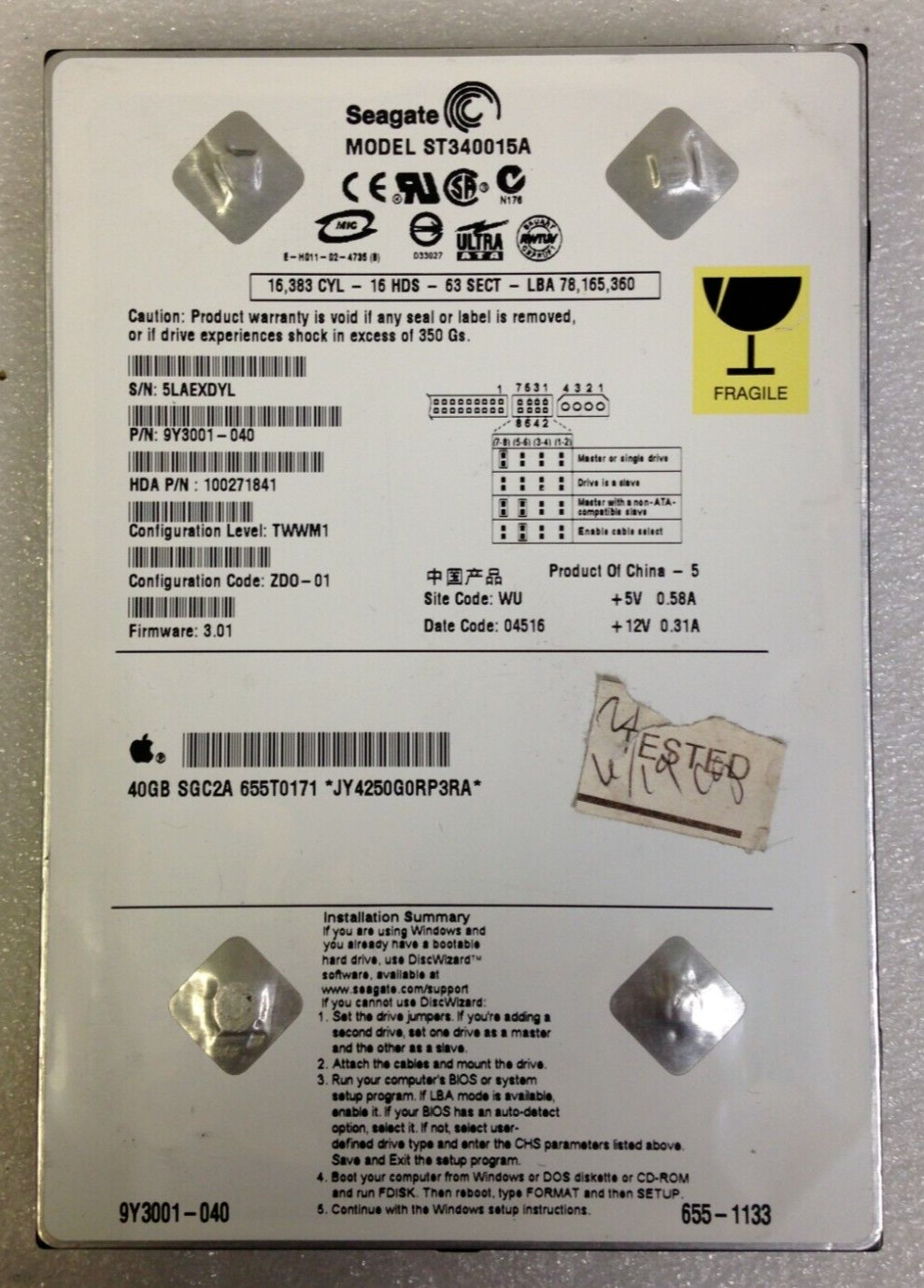 Seagate ST340015A  9Y3001-040 IDE 3.5'' Hard Drive 40GB Used Tested