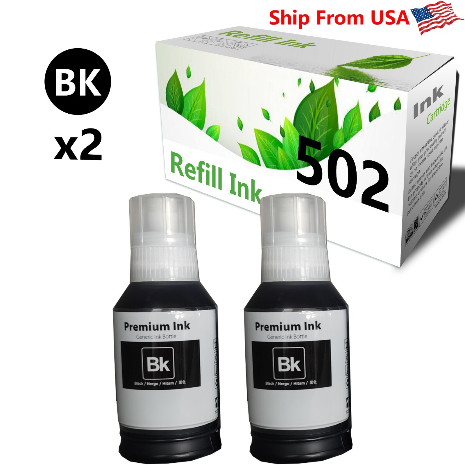 2PACK T502 502 Black Refill Ink Bottle Work With ET-4760 Printer