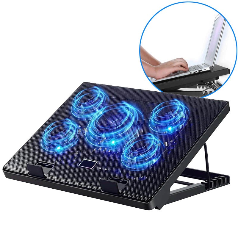 5 Fan USB Cooler Laptop Cooling Pad Stand LED Light Radiator 12-17" Angle Adjust