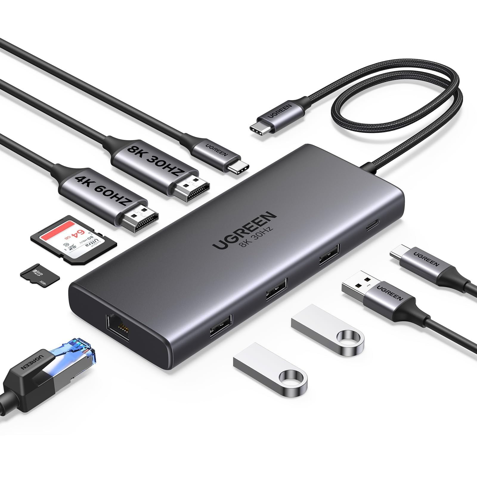 UGREEN USB C Docking Station Dual Monitor 10-in-1 Laptop Dock 2 HDMI Grey
