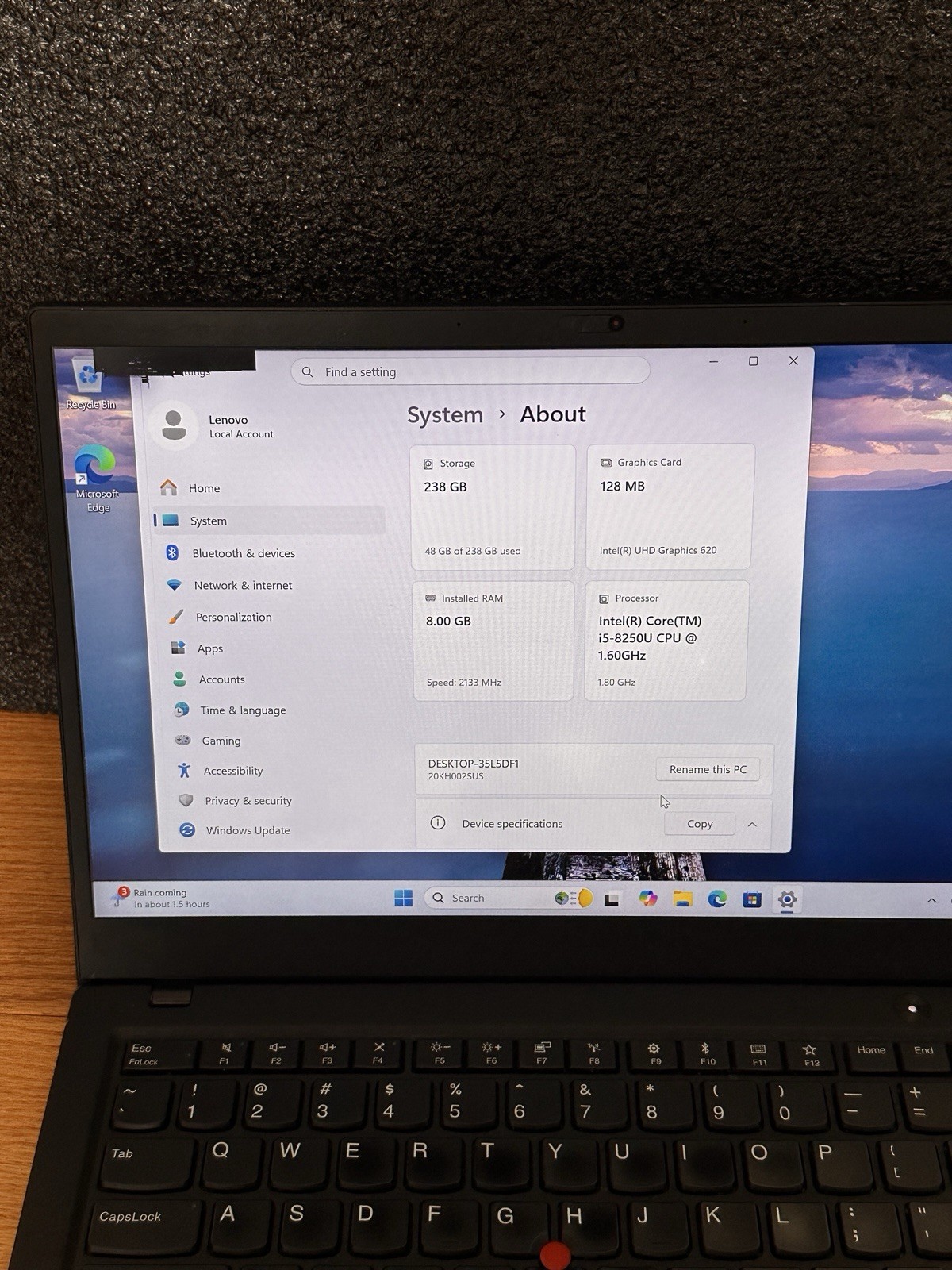 Lenovo ThinkPad X1 i5 8th Gen 8GB 256GB W11P - Read -