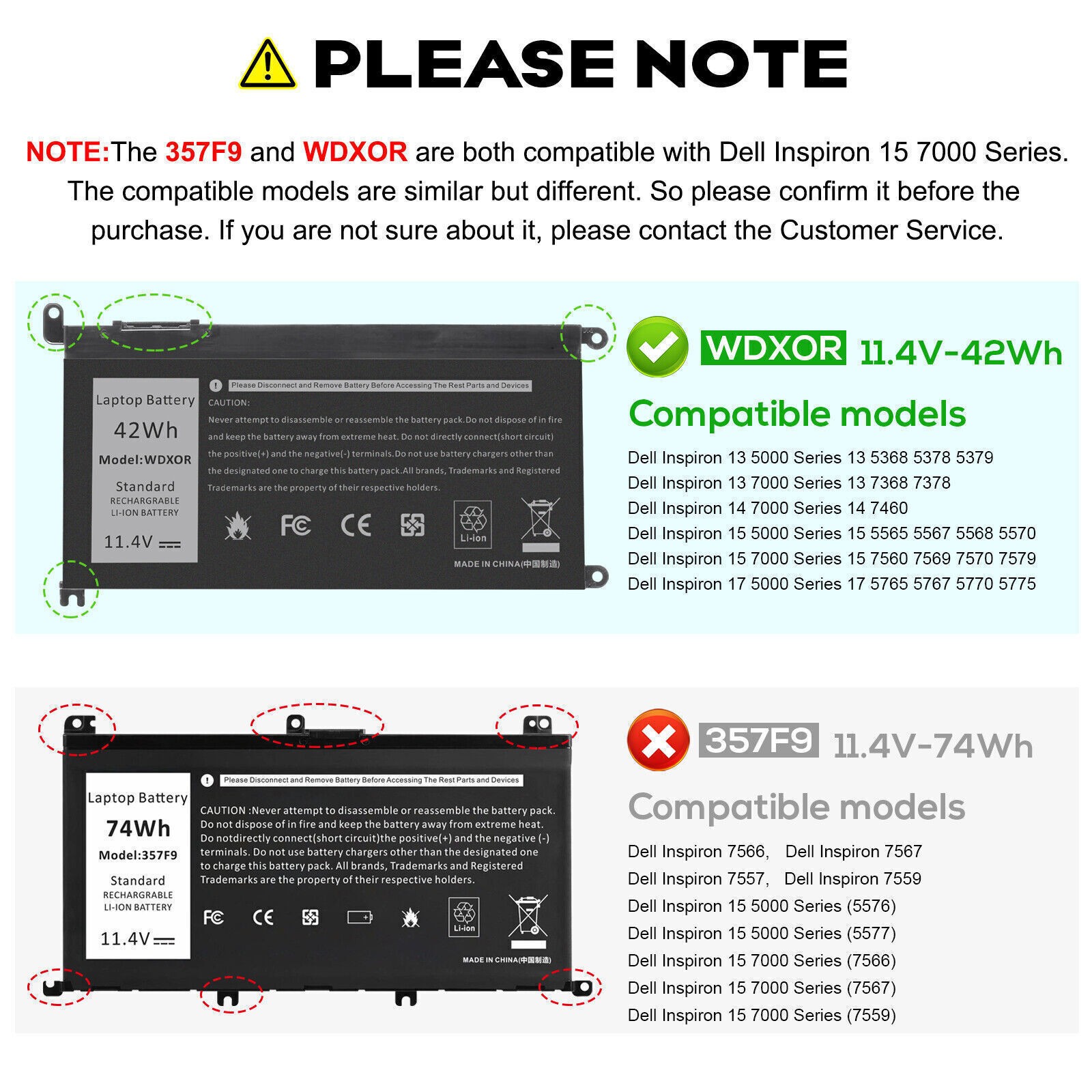 ✅LOT WDX0R Battery For DELL Inspiron 15 5567 5568 5368 7368 7569 7579 WDXOR 42Wh