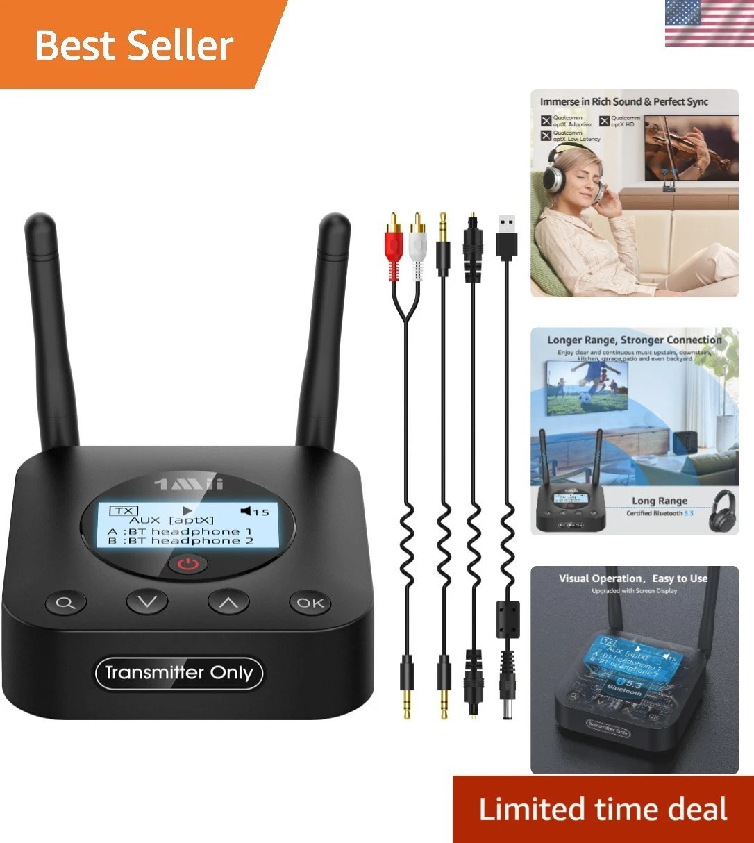 B06TX+ Bluetooth 5.3 Transmitter for TV to 2 Wireless Headphones