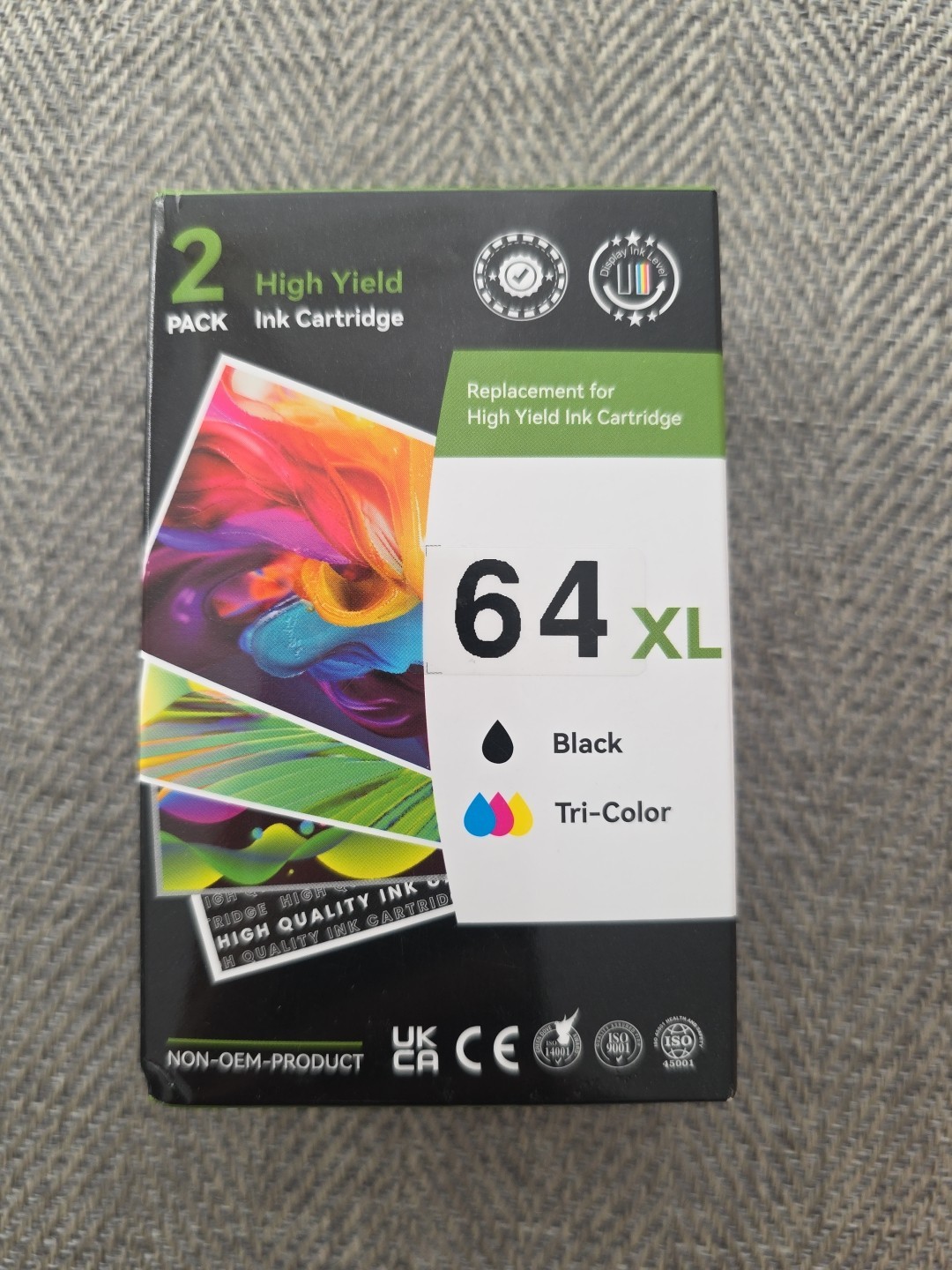 2 Pack High Yield Ink Cartridge 64 XL, Black- Tricolor, Non OEM Product