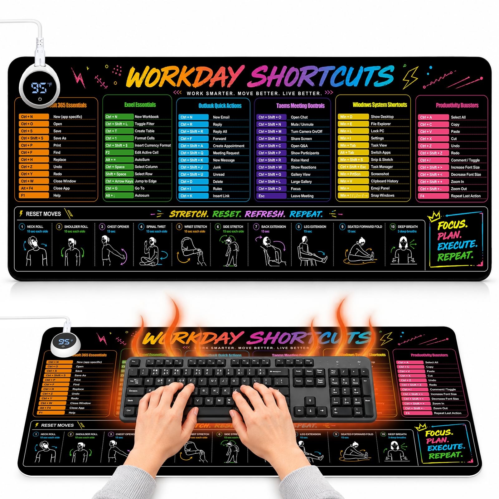 Large Heated Desk Pad, Excel Shortcuts Pad with 5 Levels Heating, D