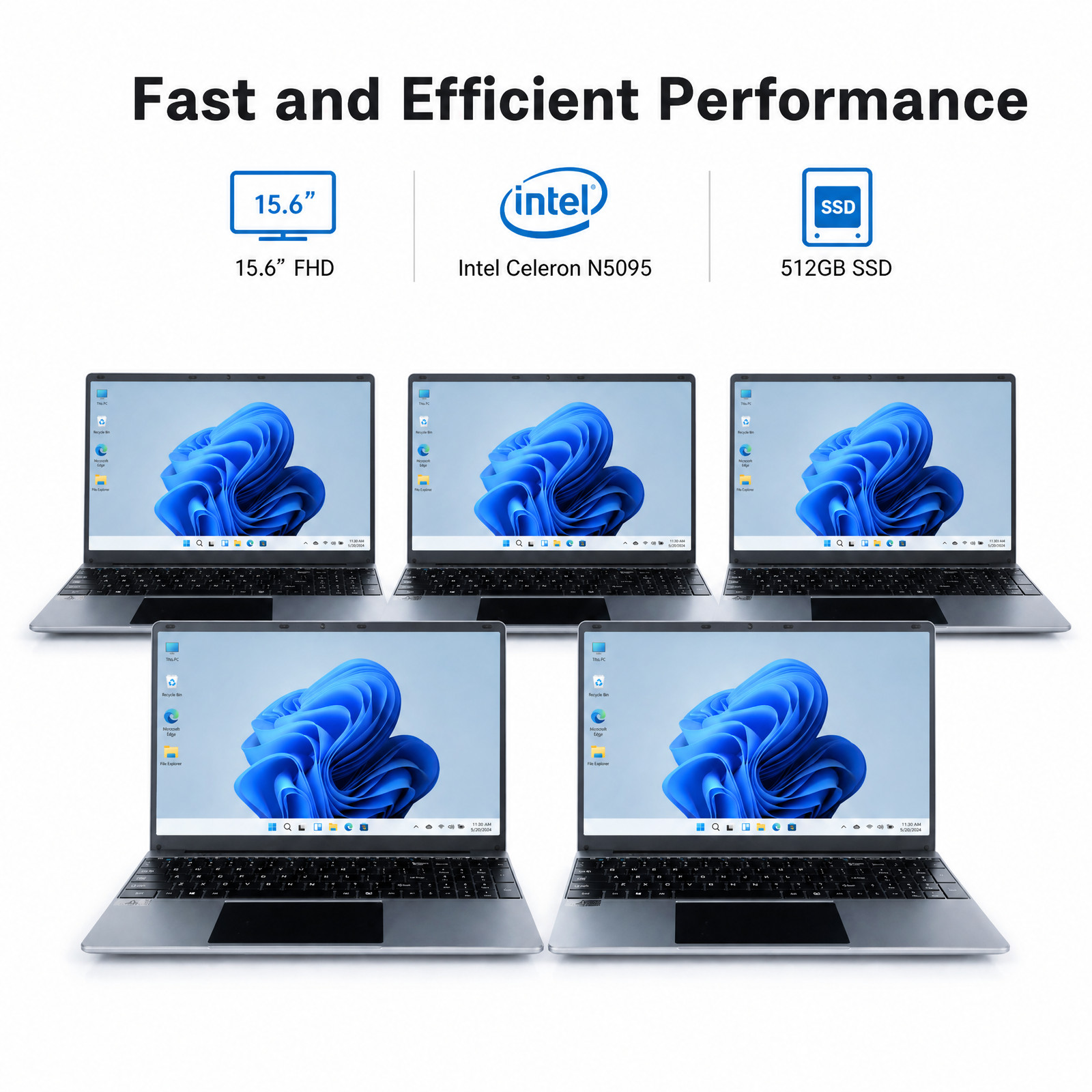 5 PCS New Laptop PC 15.6" FHD 8GB 512 SSD Office Computer Intel Celeron N5095 US