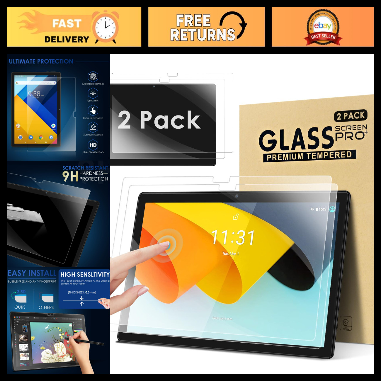 2-Pack Tempered Glass Screen Protector for 10.1" Android Tablet - Ultra-Clear, C
