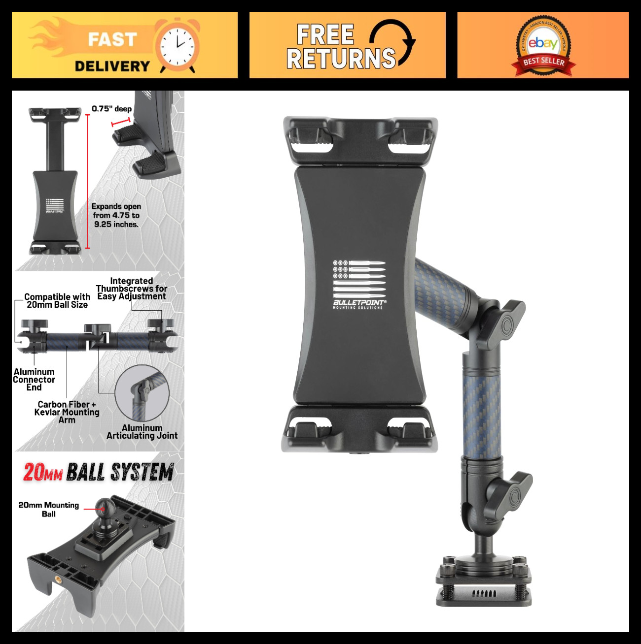 Heavy Duty Vehicle Tablet Mount, Adjustable Arm, Articulating Joint, 20mm Ball D