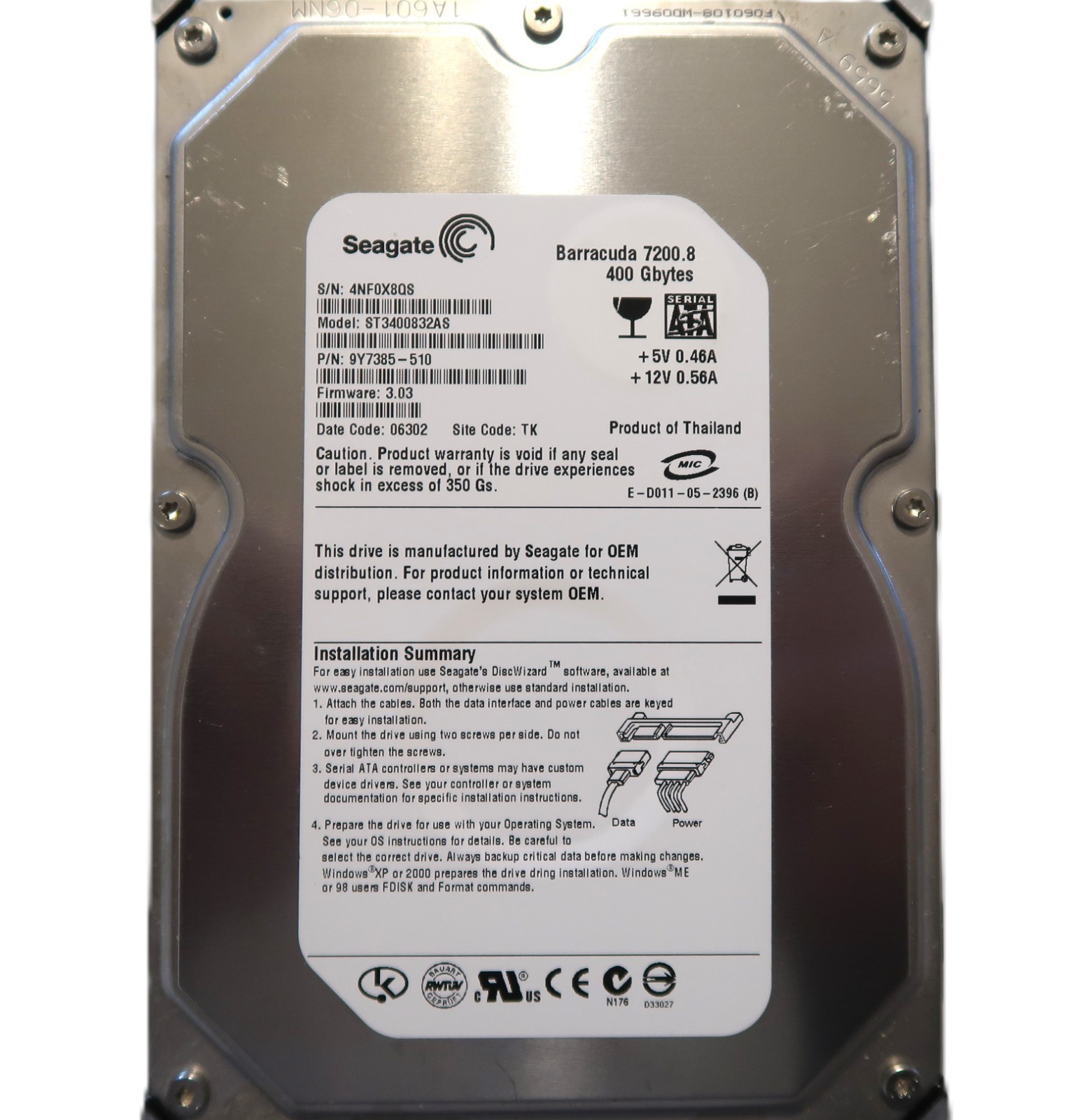 Seagate ST3400832AS 9Y7385-510 3.03 (4NF) TK Thailand 3.5" 400gb Sata JAN/2006