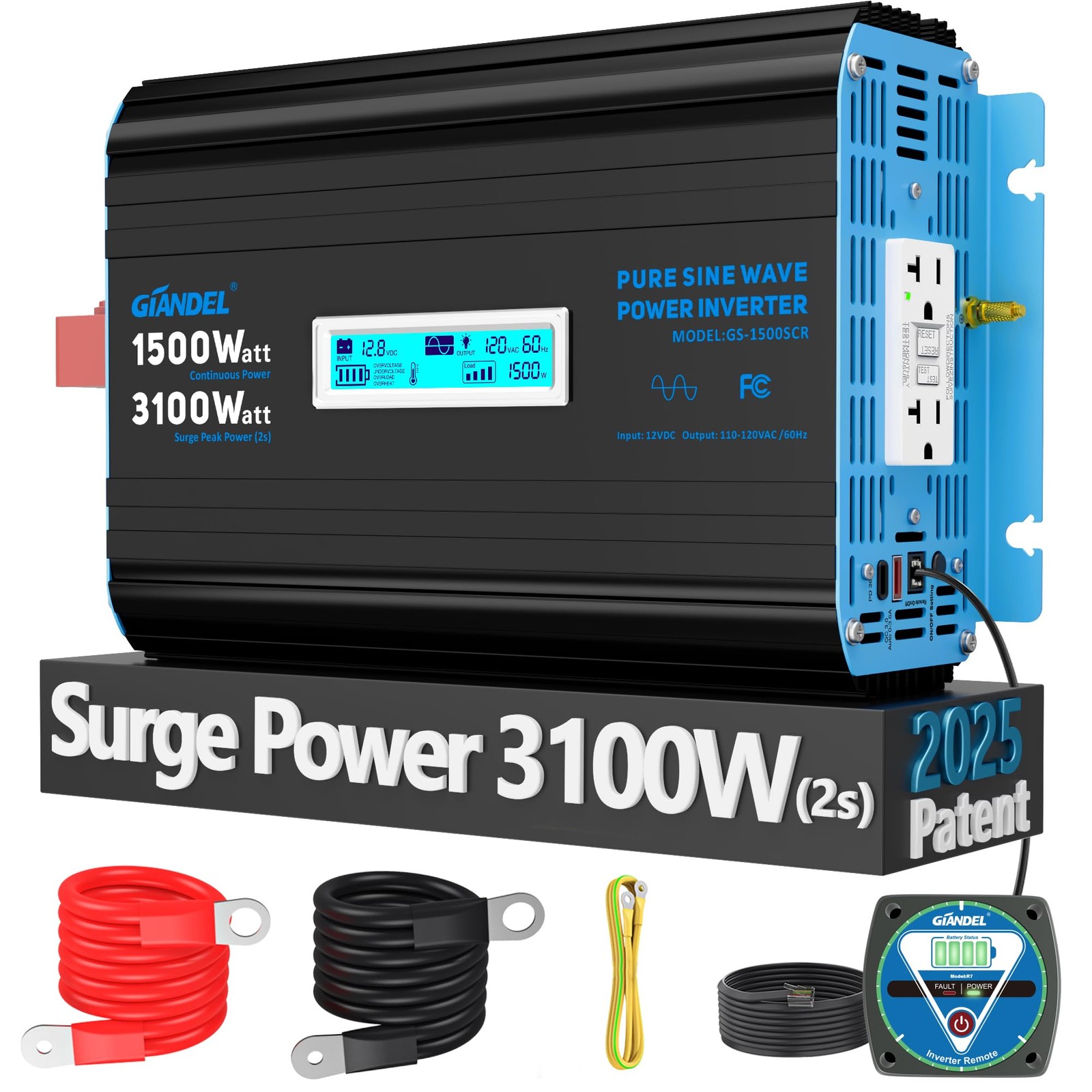 GIANDEL 1500 Watt Pure Sine Wave Power Inverter 12V DC to 120V AC,3100WSurge Pow