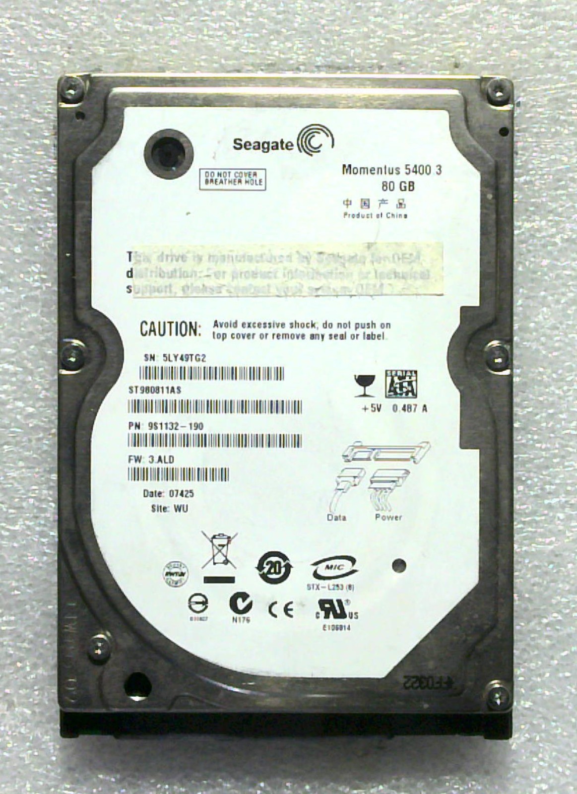 Seagate Barracuda - ST980811AS - 80GB - 9S1132-190 - SN: 5LY49TG2
