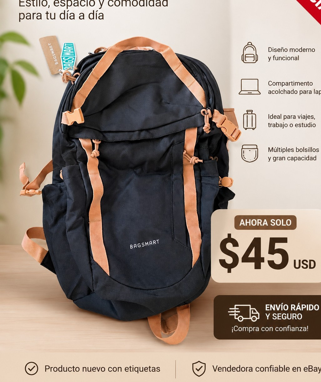 BAGSMART Padded  Backpack Travel  Bag Black with Tan Straps