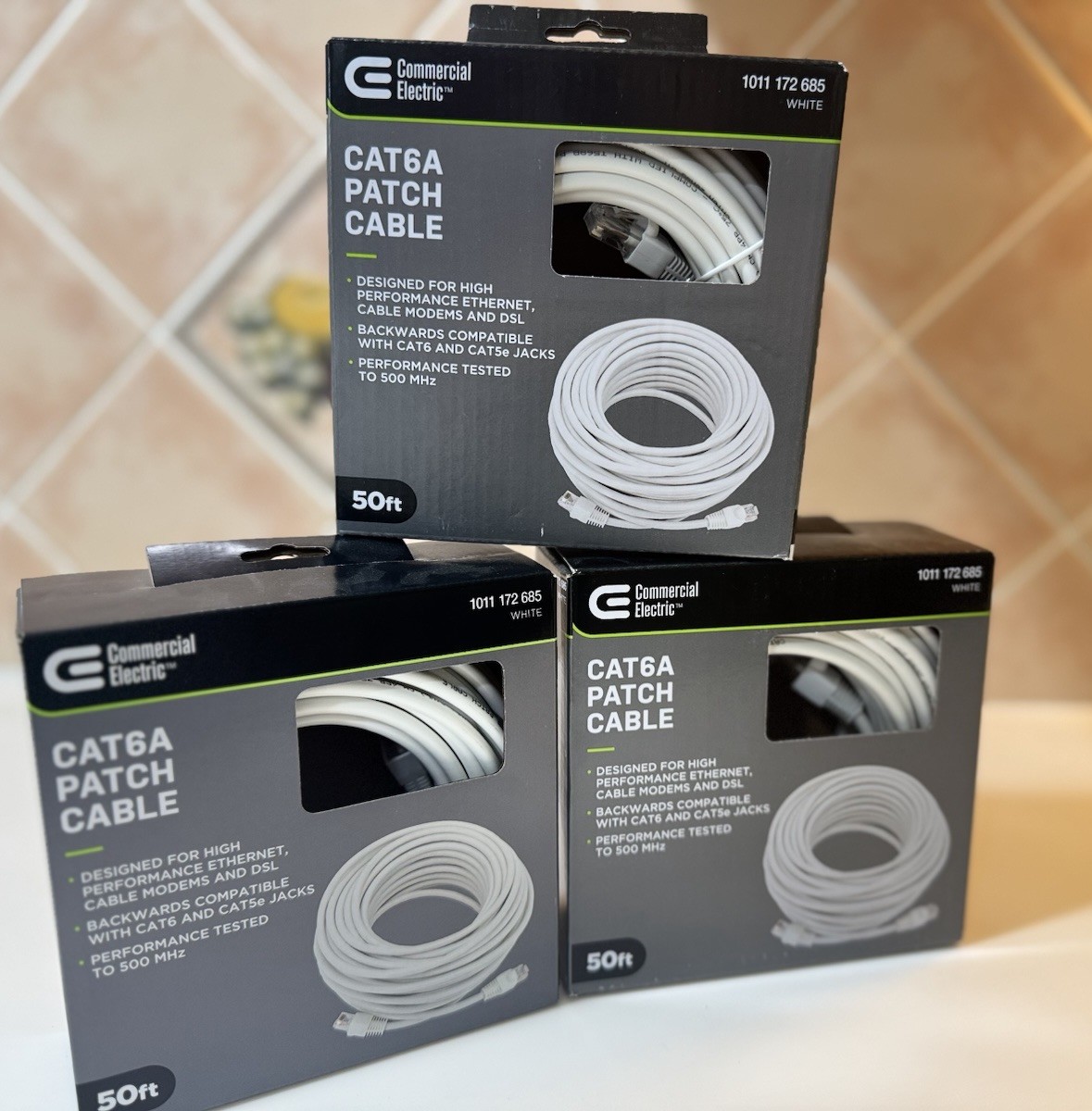 3-Pack Commercial Electric Cat 6A Ethernet Cable 50ft White 10Gbps UTP